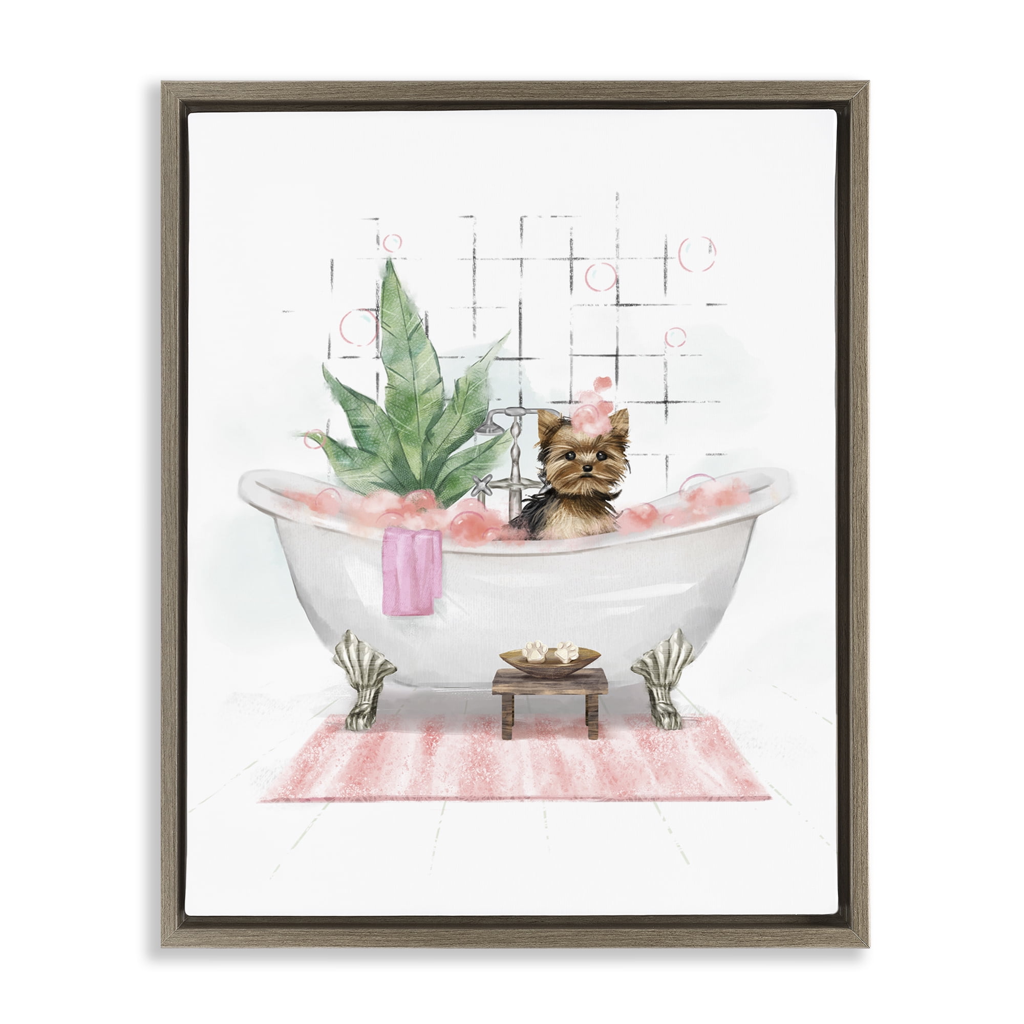 Stupell Industries Glam Pup in Tub Bath & Laundry Painting Brown Floater Framed Canvas Art Print Wall Art, 17 x 21