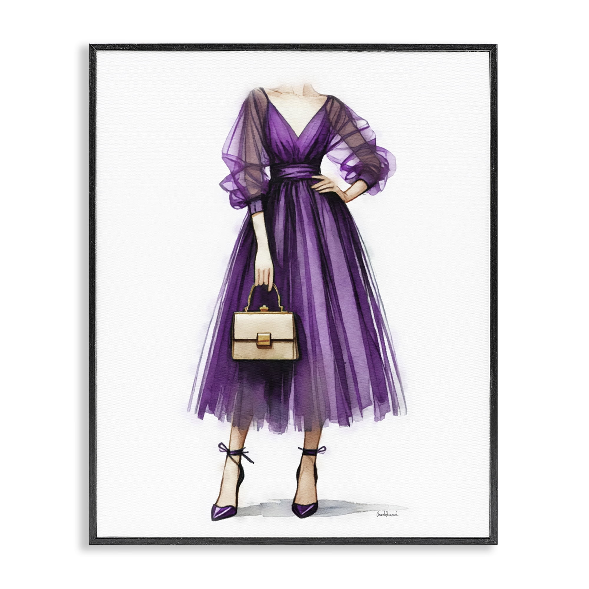 Stupell Industries Glam Purple Gown Fashion Painting Black Framed Art Print Wall Art, 16 x 20