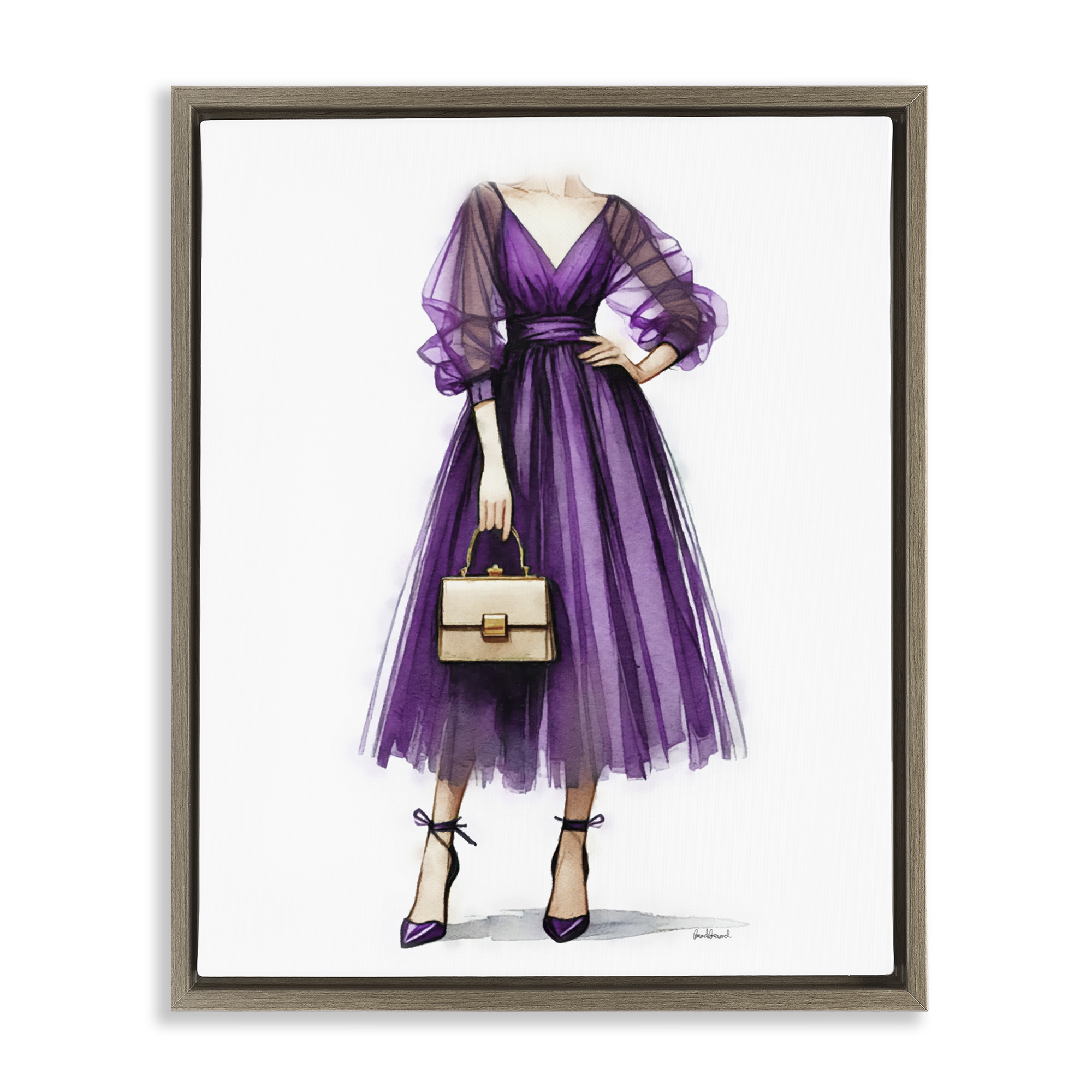 Stupell Industries Glam Purple Gown Fashion Painting Brown Floater Framed Canvas Art Print Wall Art, 25 x 31