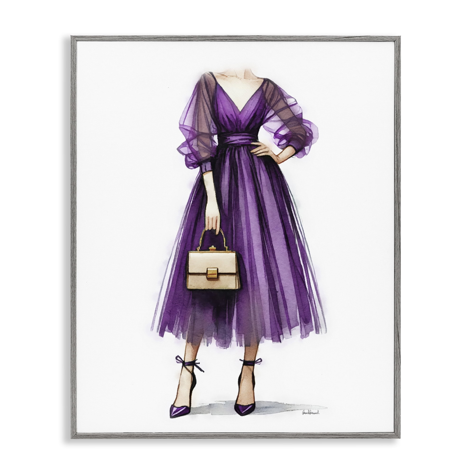 Stupell Industries Glam Purple Gown Fashion Painting Gray Framed Art Print Wall Art, 24 x 30