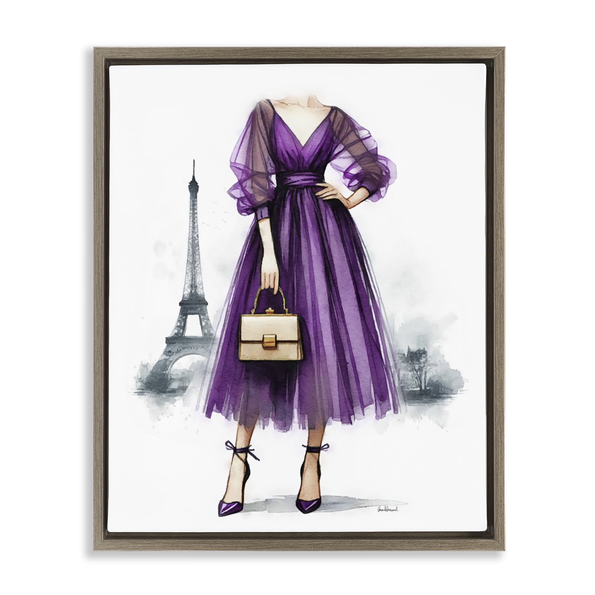 Stupell Industries Glam Purple Paris Gown Fashion Painting Brown Floater Framed Canvas Art Print Wall Art, 25 x 31
