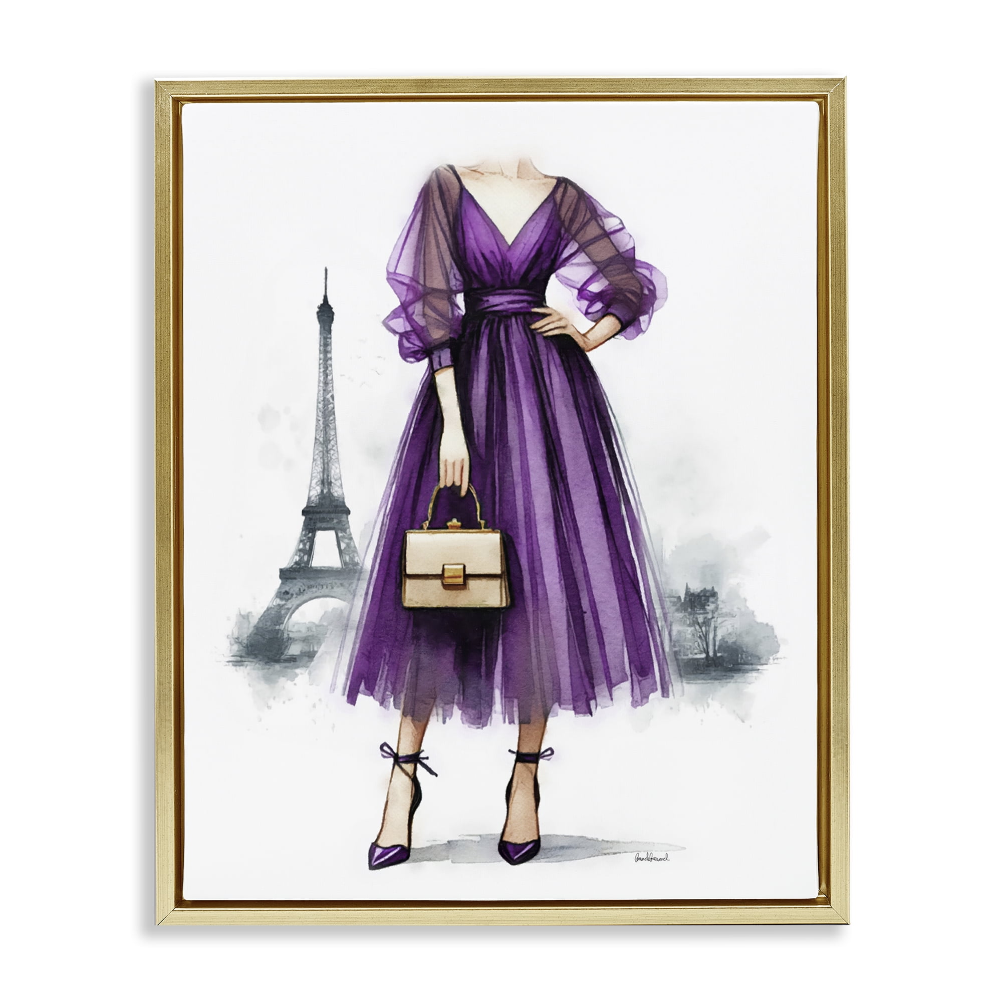 Stupell Industries Glam Purple Paris Gown Fashion Painting Gold Floater Framed Canvas Art Print Wall Art, 17 x 21