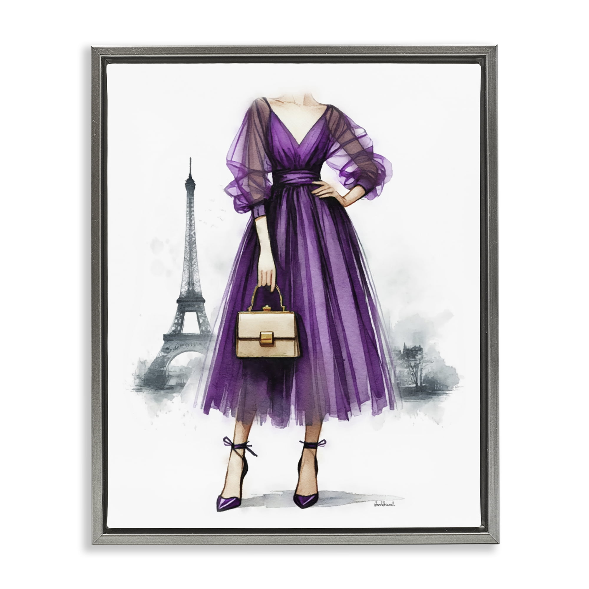 Stupell Industries Glam Purple Paris Gown Fashion Painting Gray Floater Framed Canvas Art Print Wall Art, 25 x 31