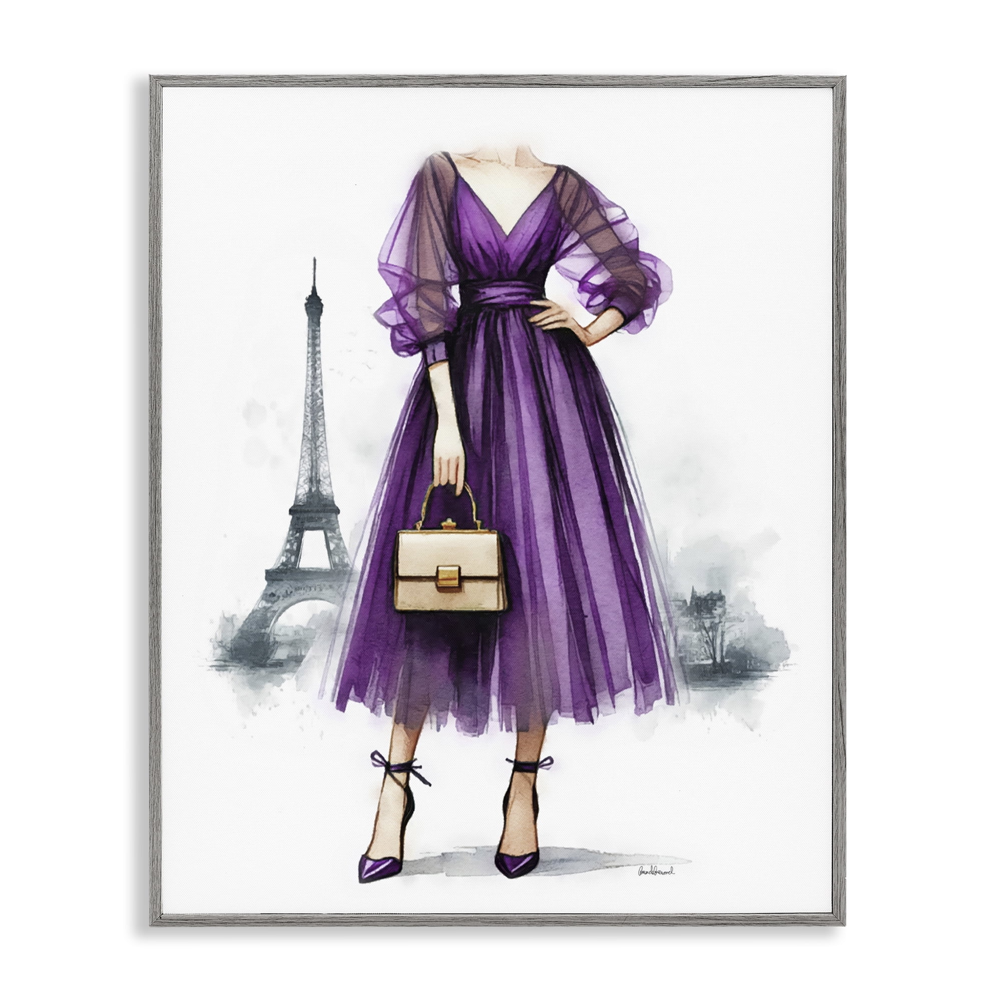 Stupell Industries Glam Purple Paris Gown Fashion Painting Gray Framed Art Print Wall Art, 11 x 14