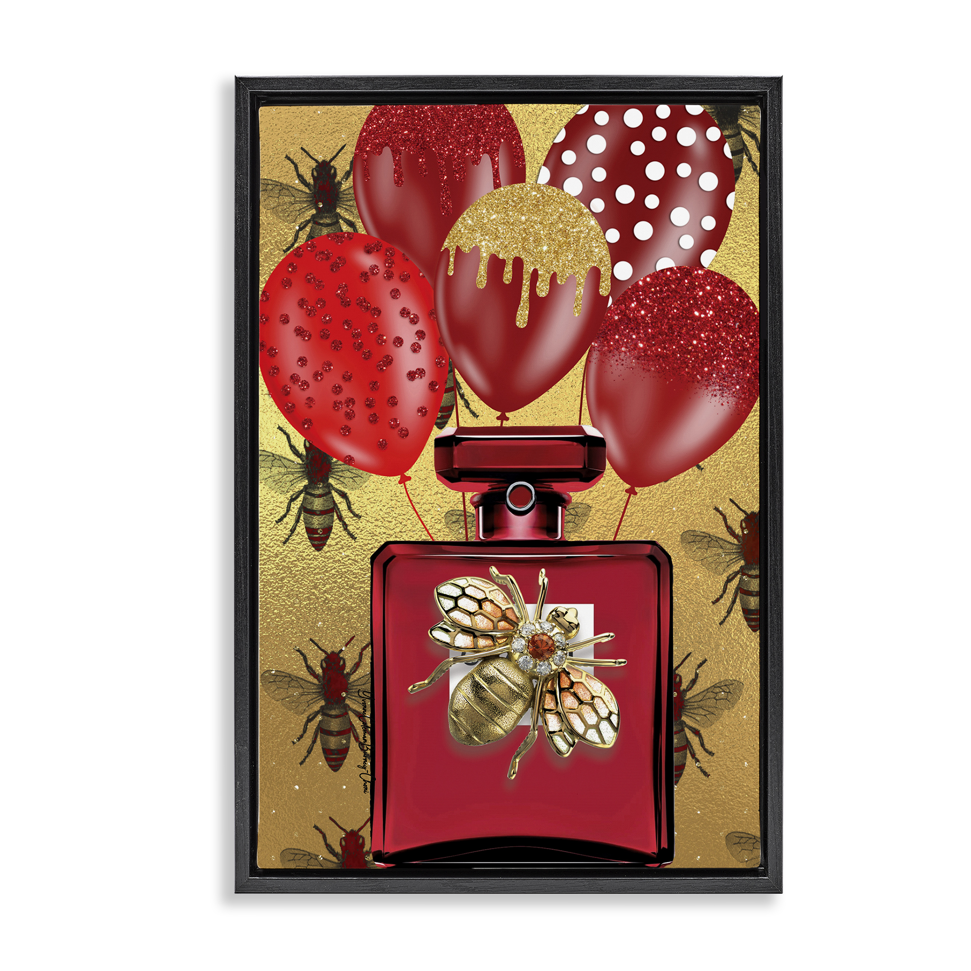 Stupell Industries Glam Red Bee Perfume Fashion Painting Black Floater Framed Canvas Art Print Wall Art, 17 x 25