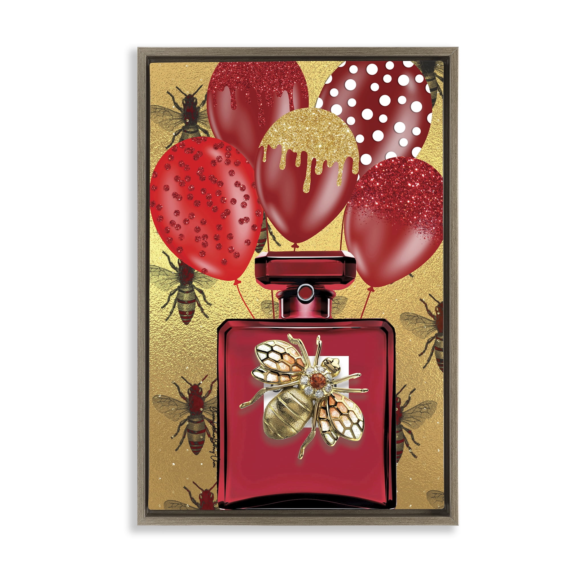 Stupell Industries Glam Red Bee Perfume Fashion Painting Brown Floater Framed Canvas Art Print Wall Art, 17 x 25