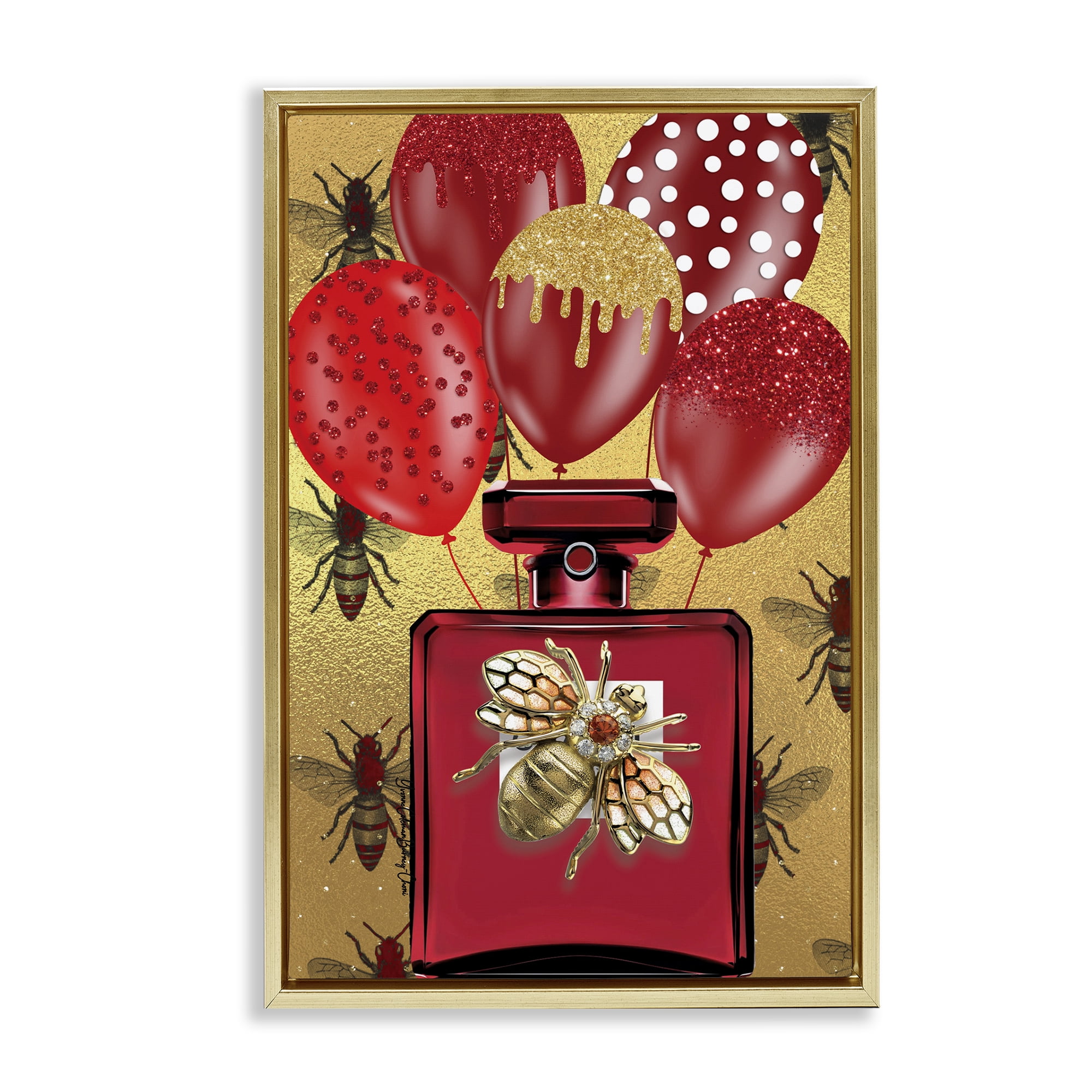 Stupell Industries Glam Red Bee Perfume Fashion Painting Gold Floater Framed Canvas Art Print Wall Art, 21 x 31
