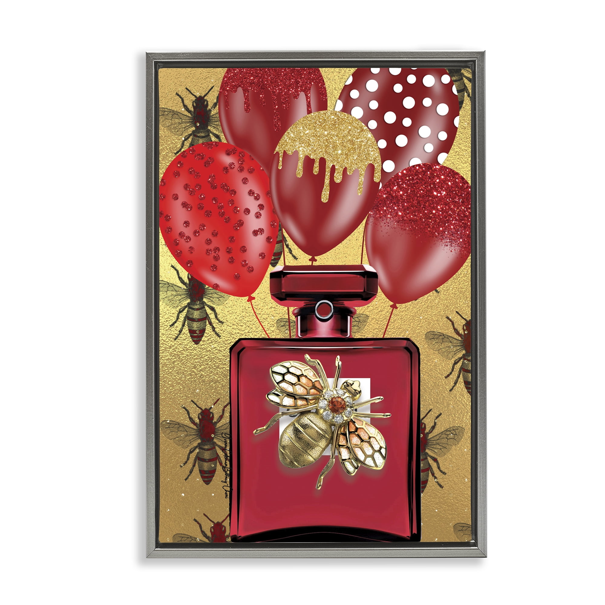Stupell Industries Glam Red Bee Perfume Fashion Painting Gray Floater Framed Canvas Art Print Wall Art, 21 x 31