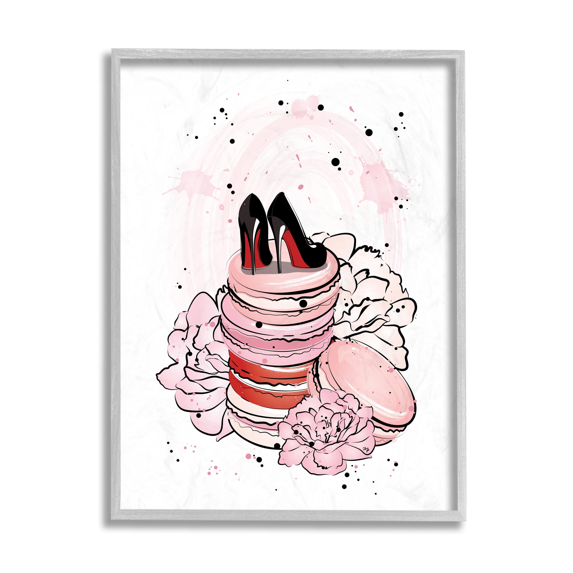 Stupell Industries Glam Red Bottom Heels on Pink Macarons Beauty & Fashion Painting Gray Framed Art Print Wall Art, 11 x 14