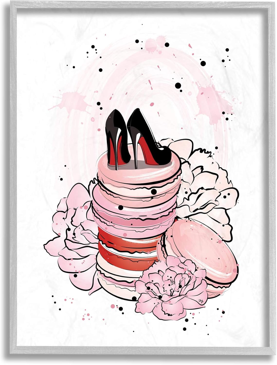 Stupell Industries Glam Red Bottom Heels on Pink Macarons Beauty & Fashion Painting Gray Framed Art Print Wall Art, 16 x 20