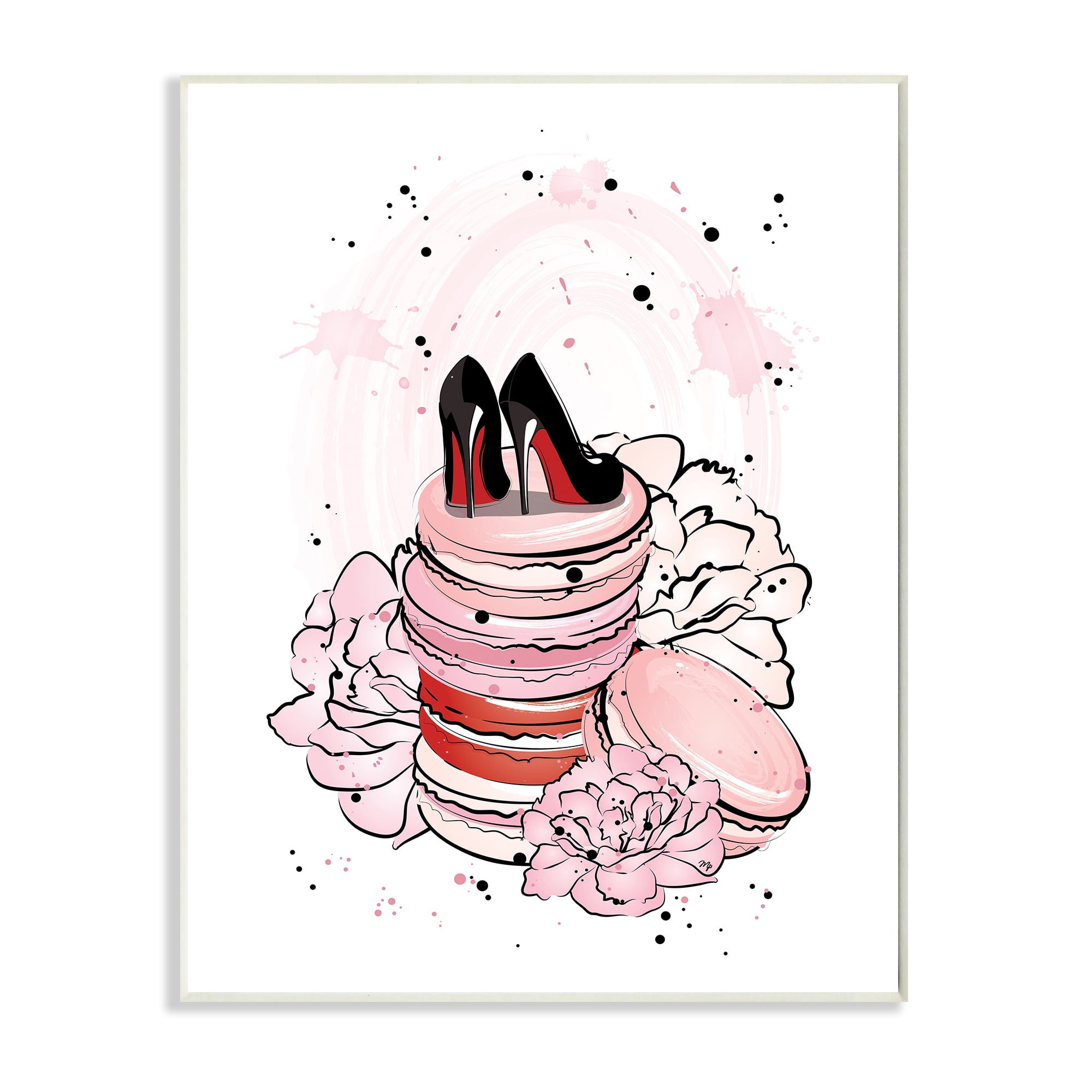 Stupell Industries Glam Red Bottom Heels on Pink Macarons Beauty & Fashion Painting Wall Plaque Art Print Wall Art, 10 x 15