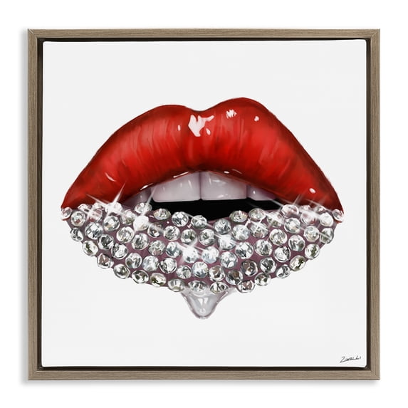 Stupell Industries Glam Red Glam Lips with Gemstones Brown Floating Frame Canvas Art, 18 x 18, by Ziwei Li