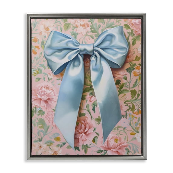 Stupell Industries Glam Romantic Blue Satin Bow Gray Floating Frame Canvas Art, 25 x 31, by Petals Prints Design