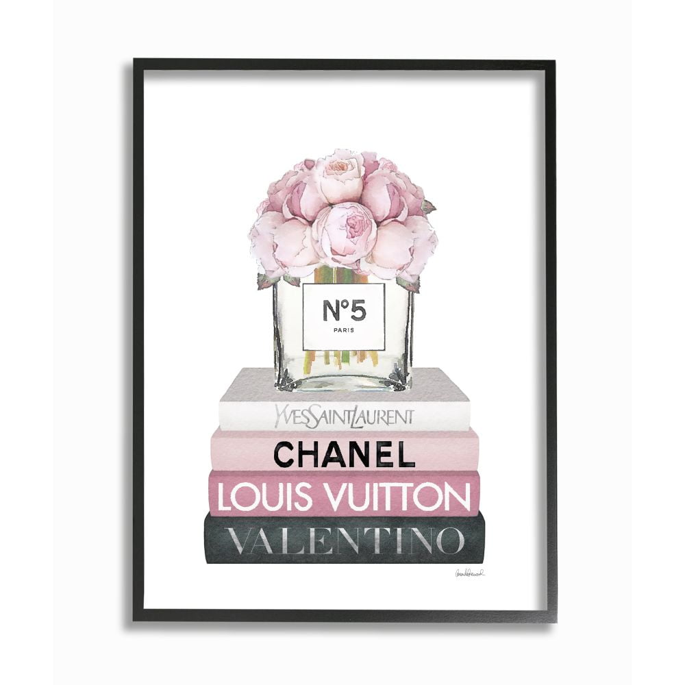 Glam Rose Bouquet Over Designer Books Black Framed Wall Art