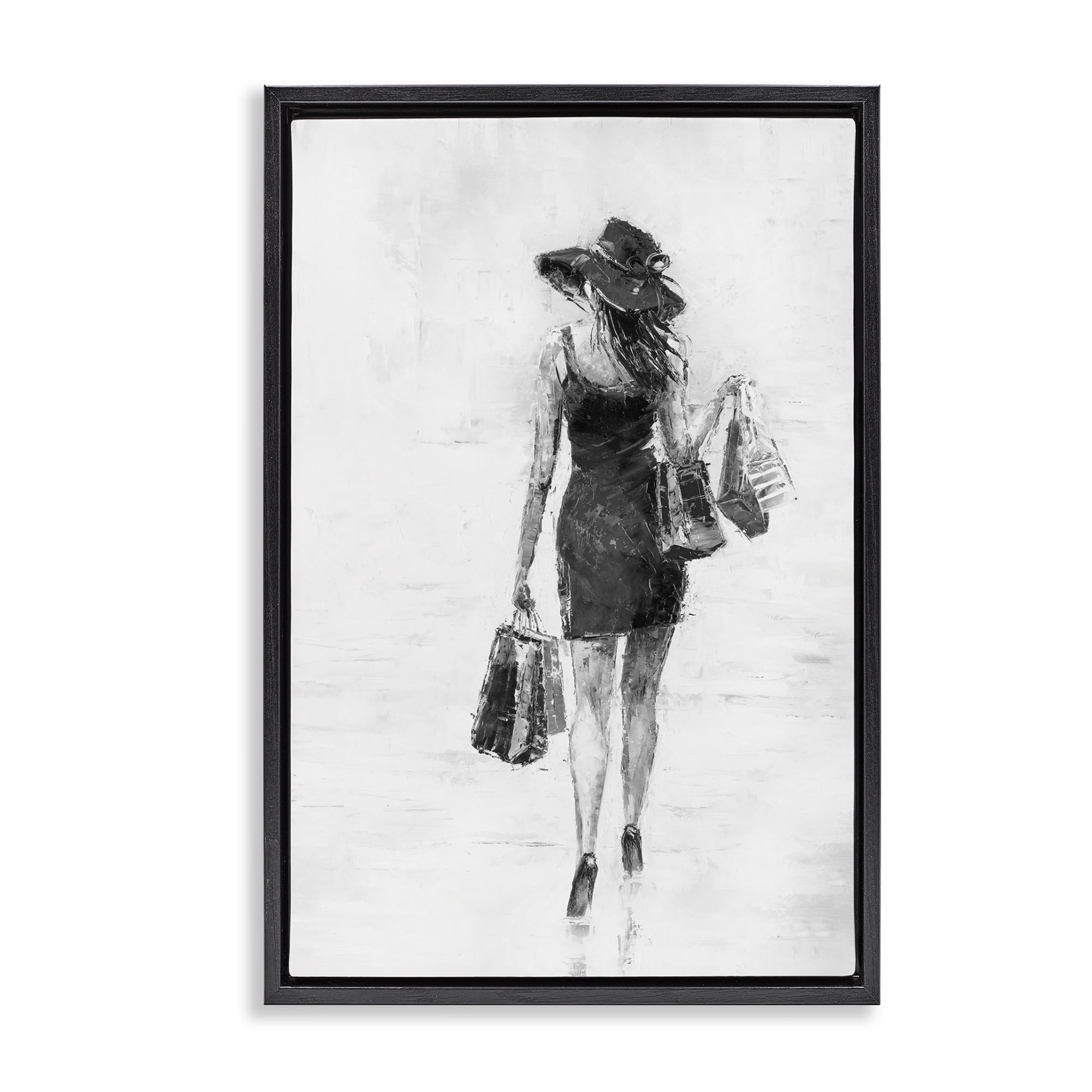 Stupell Industries Glam Shopper Girl Novelty Painting Black Floater Framed Art Print Wall Art, 21 x 31