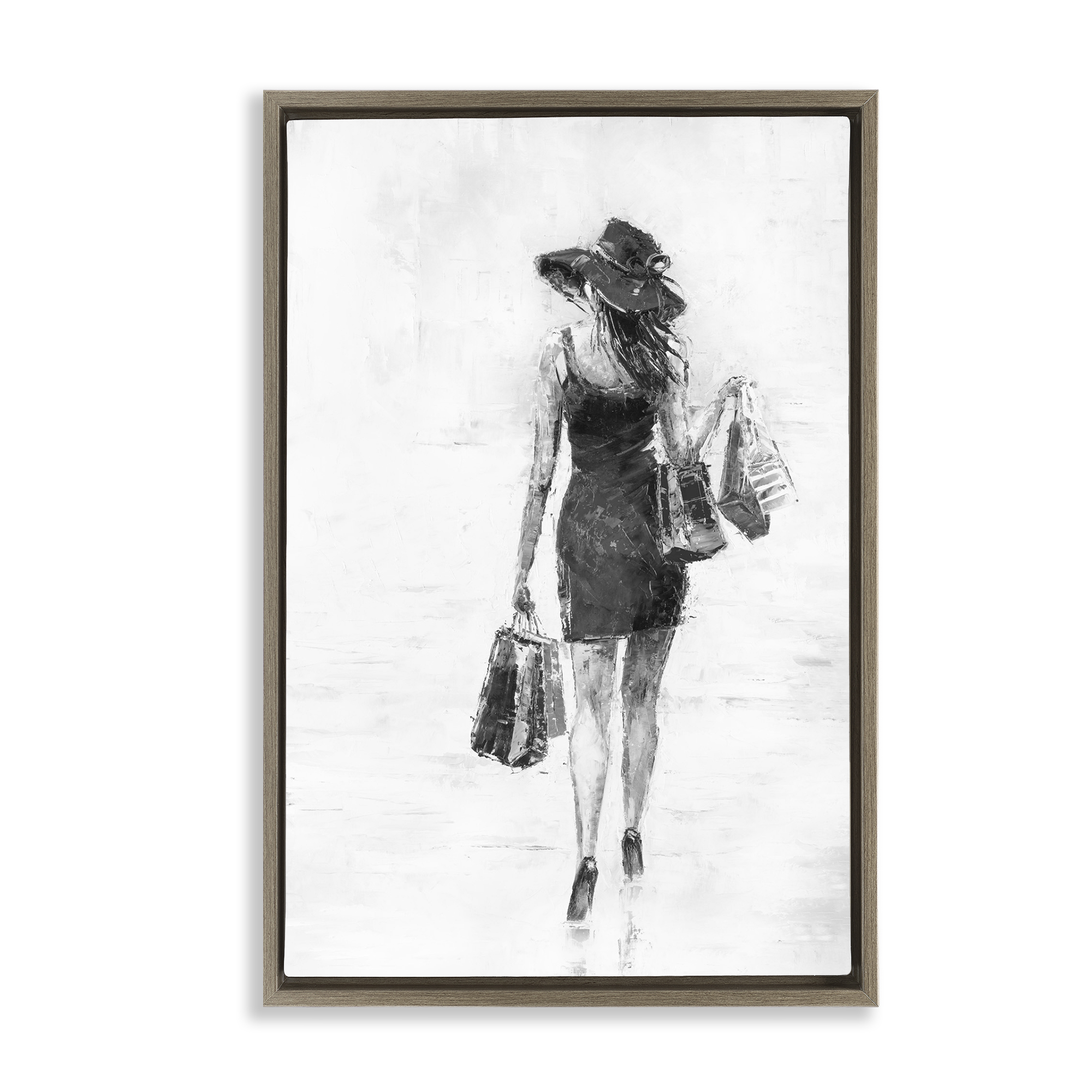 Stupell Industries Glam Shopper Girl Novelty Painting Brown Floater Framed Art Print Wall Art, 17 x 25