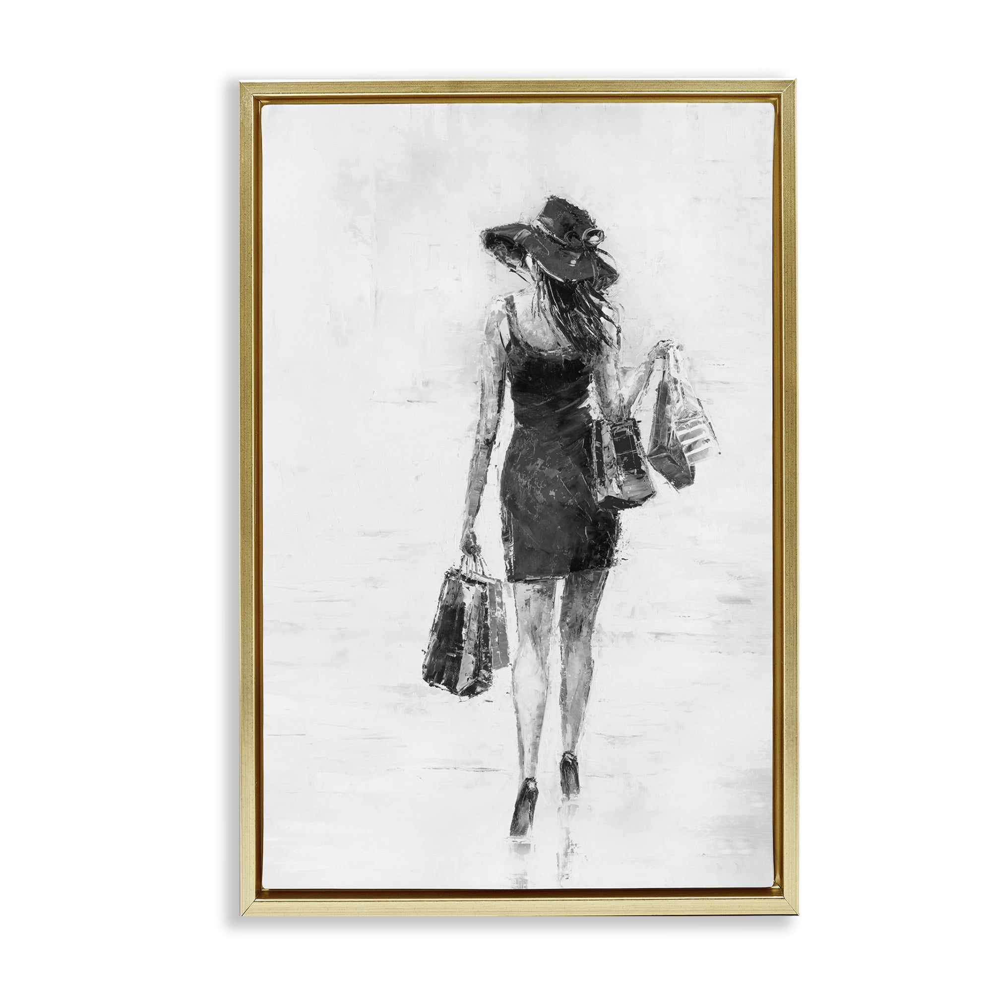Stupell Industries Glam Shopper Girl Novelty Painting Gold Floater Framed Art Print Wall Art, 17 x 25