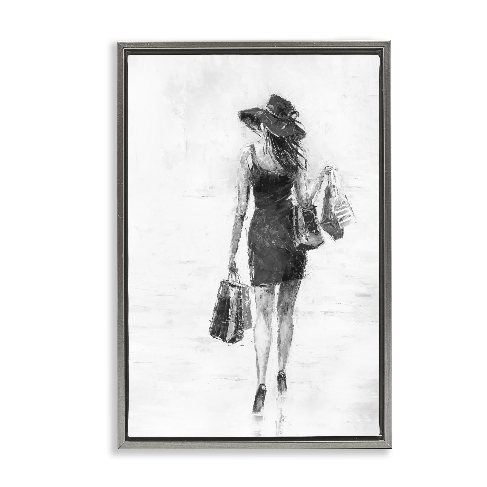 Stupell Industries Glam Shopper Girl Novelty Painting Gray Floater Framed Art Print Wall Art, 17 x 25