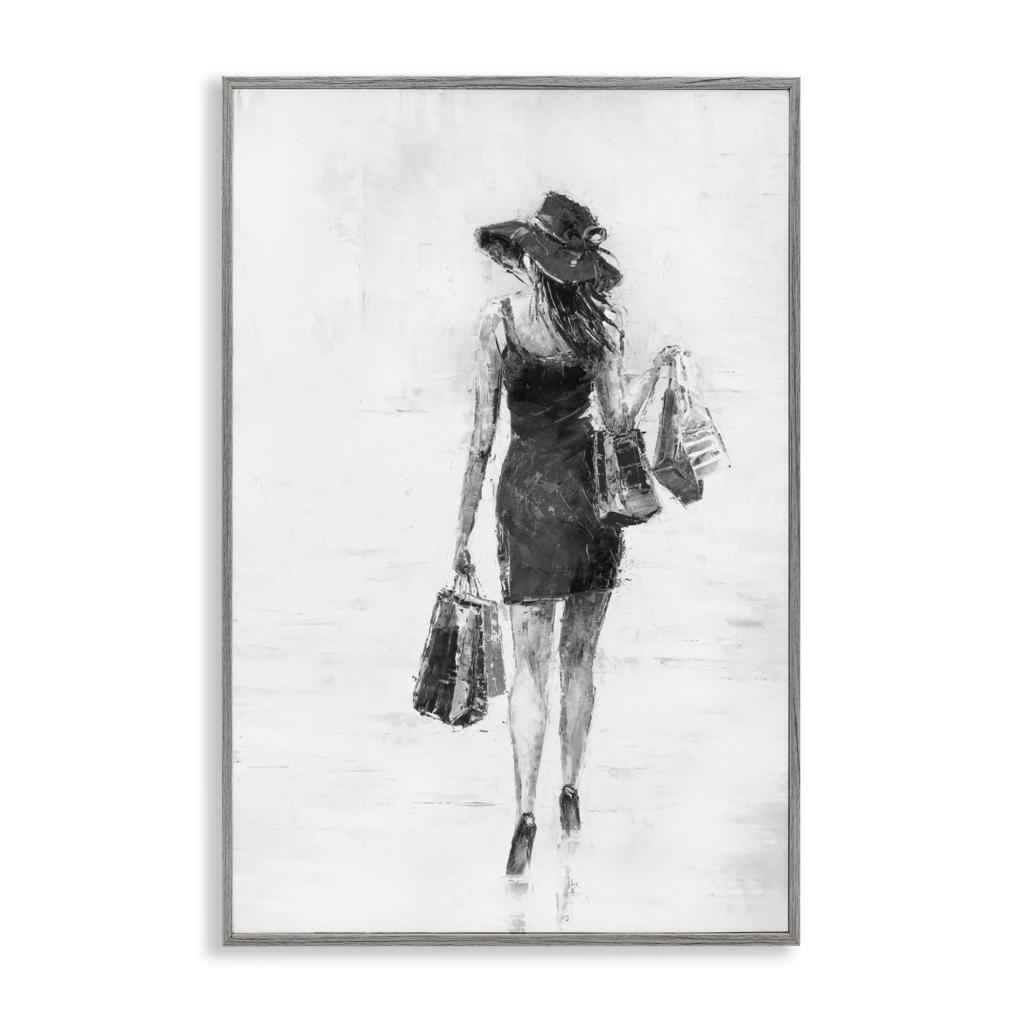 Stupell Industries Glam Shopper Girl Novelty Painting Gray Framed Art Print Wall Art, 12 x 18