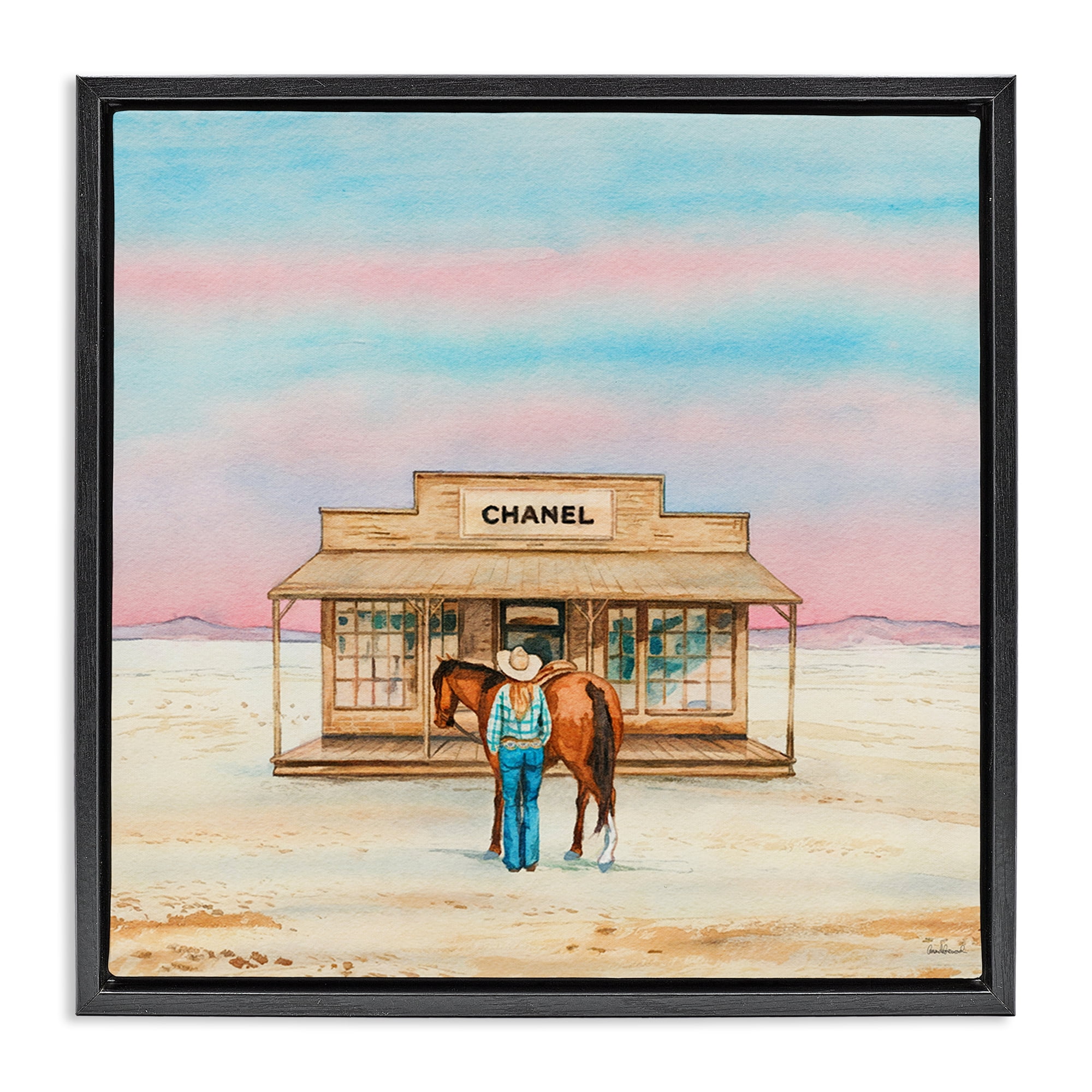Stupell Industries Glam Shopping in Desert Fashion Painting Black Floater Framed Canvas Art Print Wall Art, 25 x 25