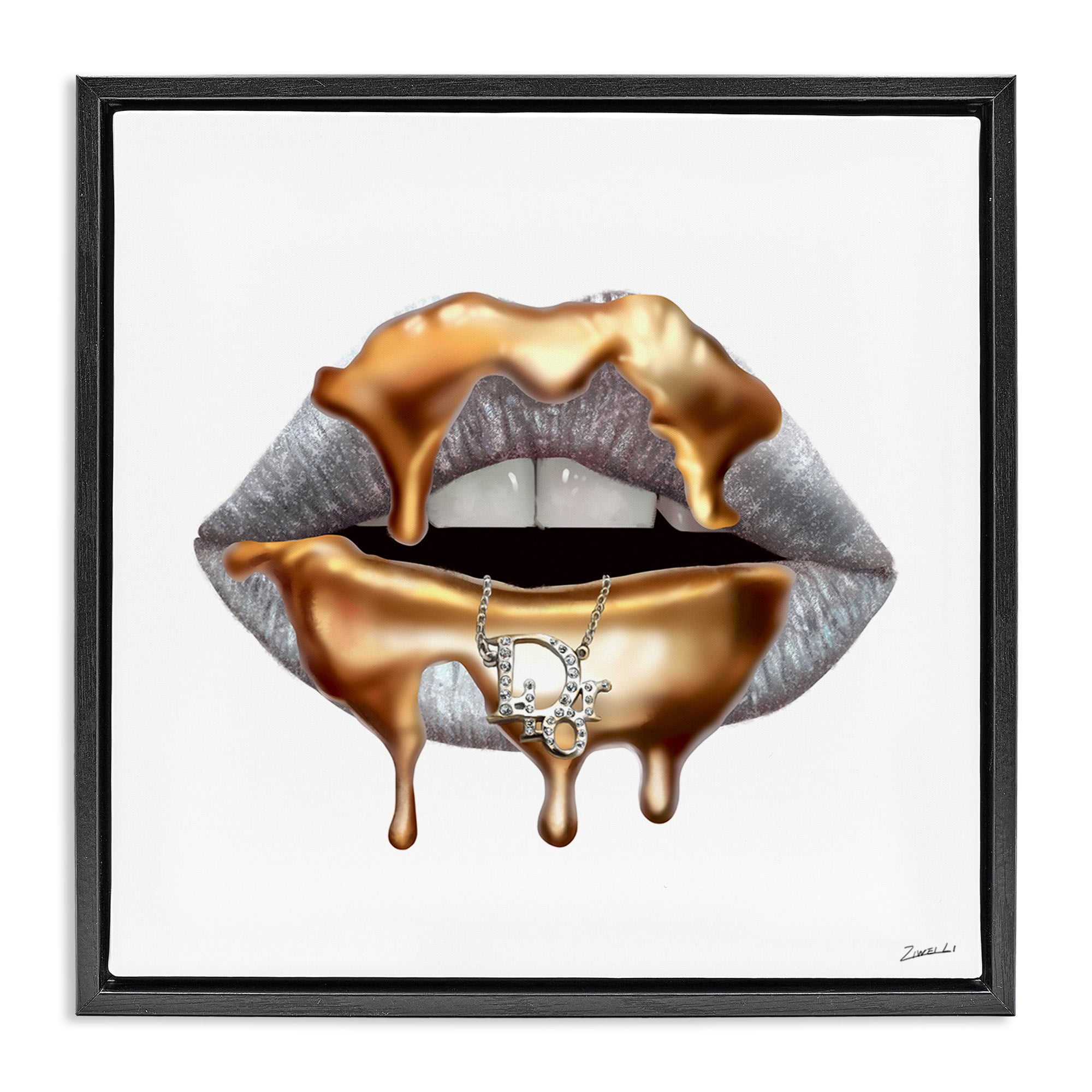 Stupell Industries Glam Silver Lip Gold Drip Beauty & Fashion Painting Black Floater Framed Canvas Art Print Wall Art, 18 x 18