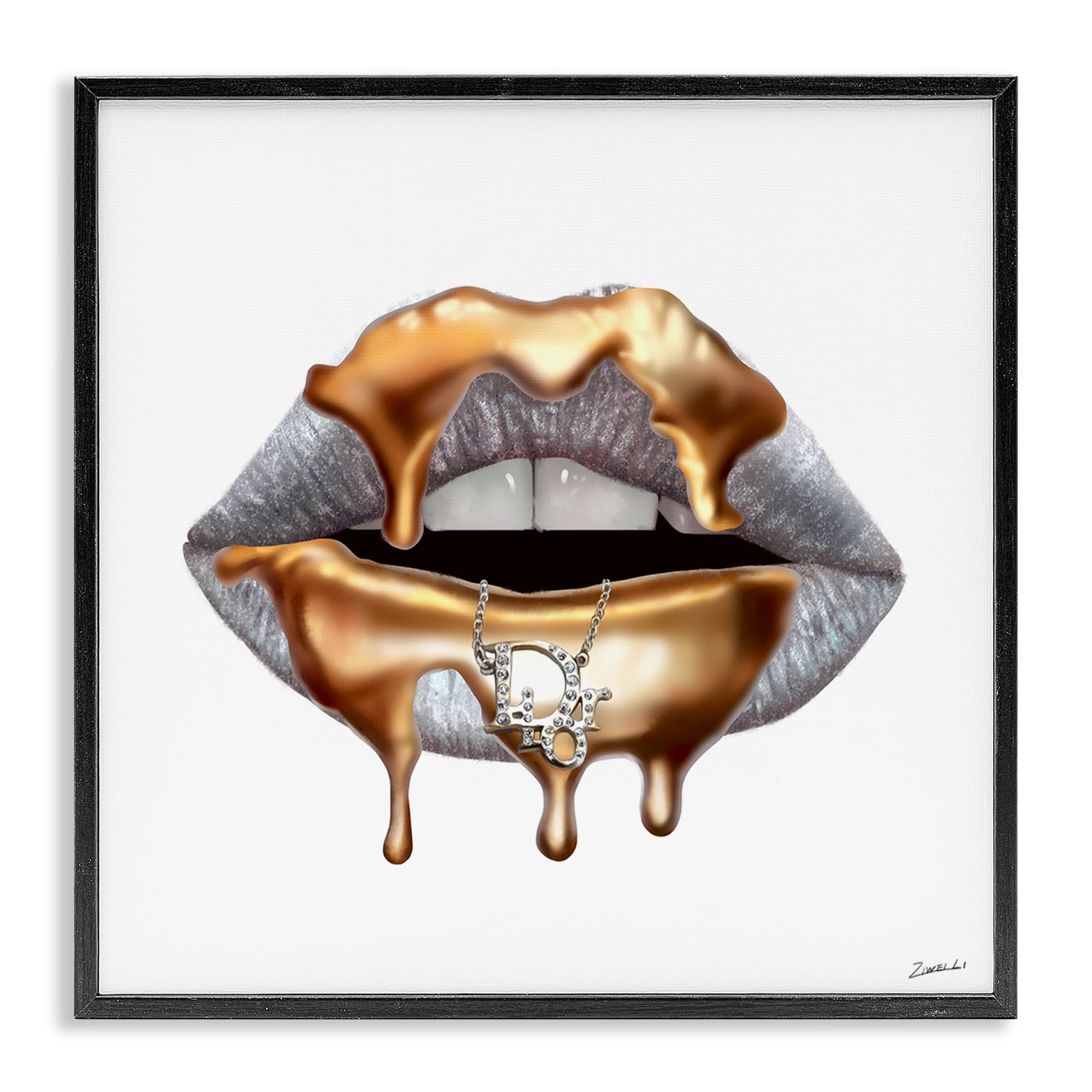 Stupell Industries Glam Silver Lip Gold Drip Beauty & Fashion Painting Black Framed Art Print Wall Art, 17 x 17