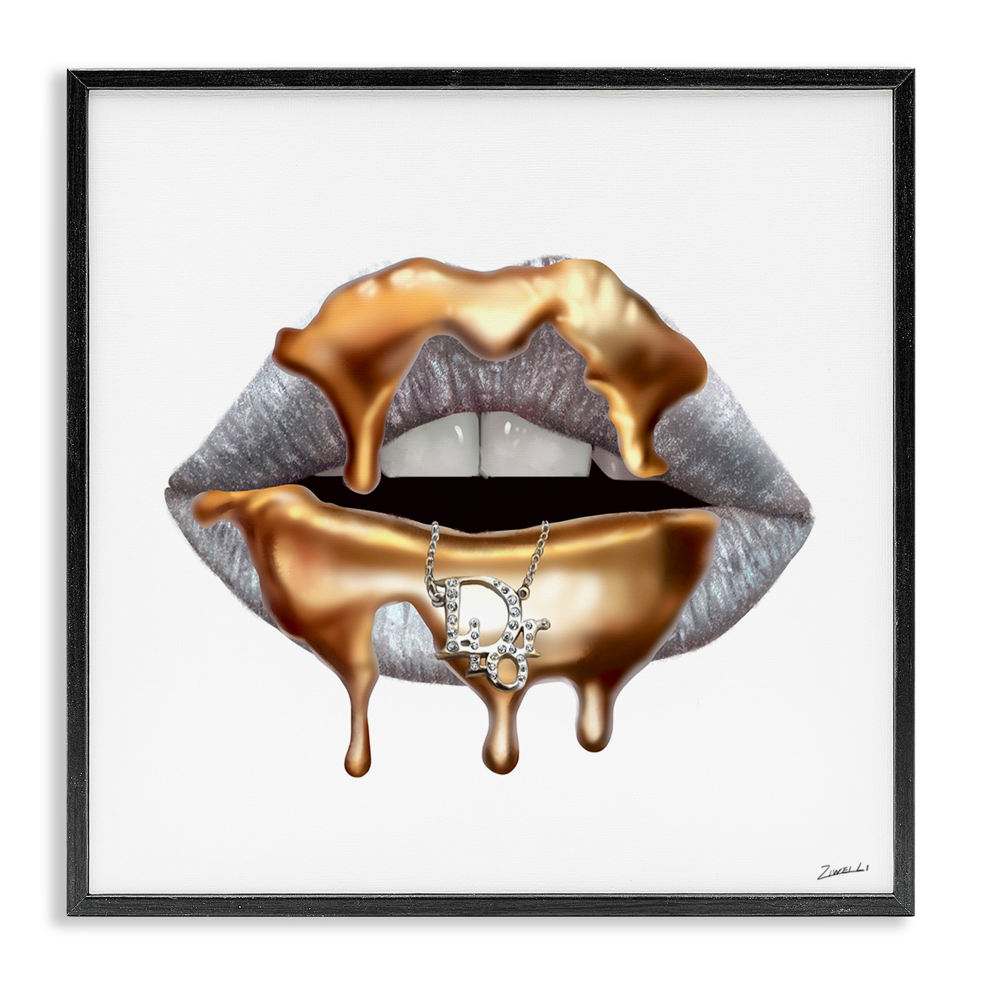 Stupell Industries Glam Silver Lip Gold Drip Beauty & Fashion Painting Black Framed Art Print Wall Art, 24 x 24