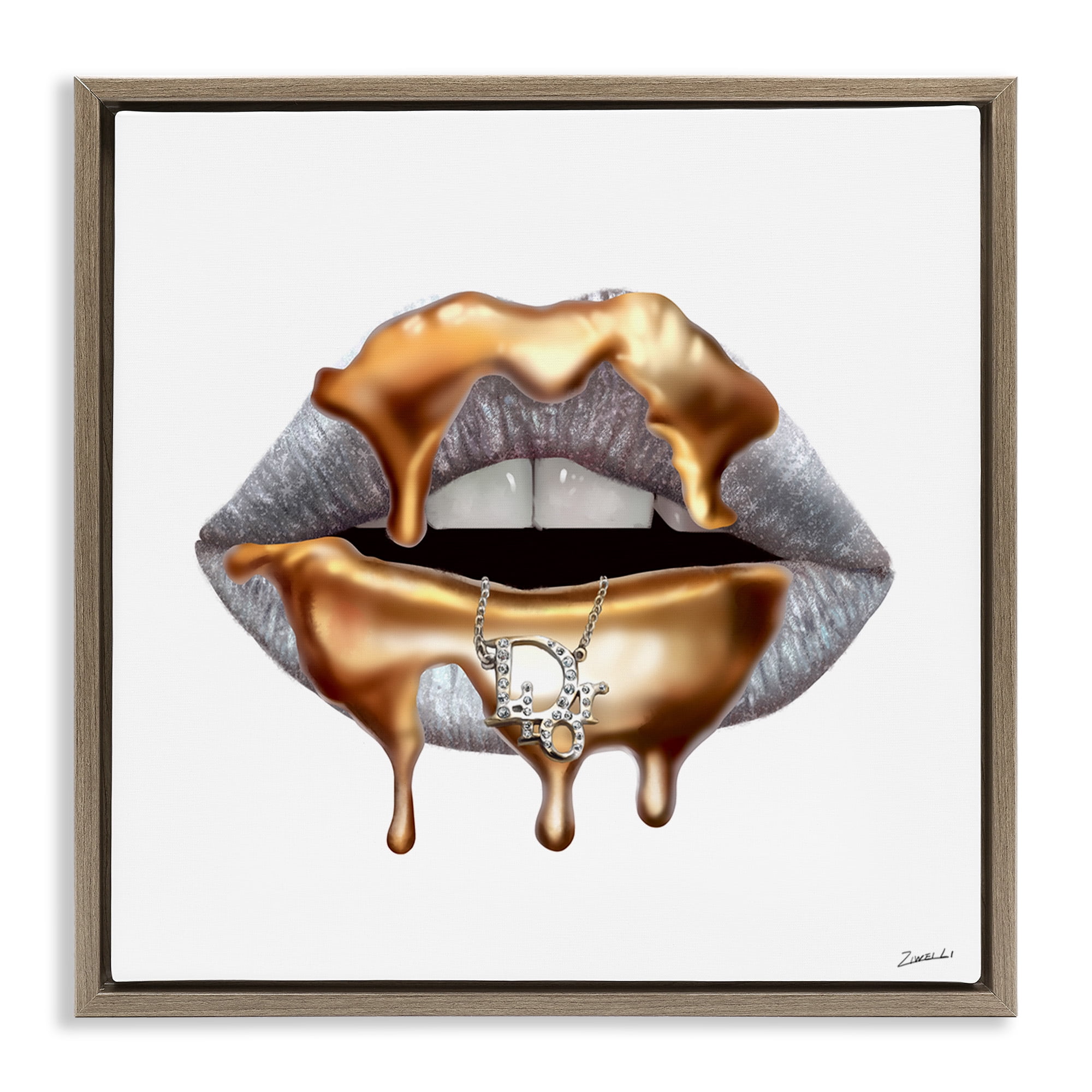 Stupell Industries Glam Silver Lip Gold Drip Beauty & Fashion Painting Brown Floater Framed Canvas Art Print Wall Art, 25 x 25