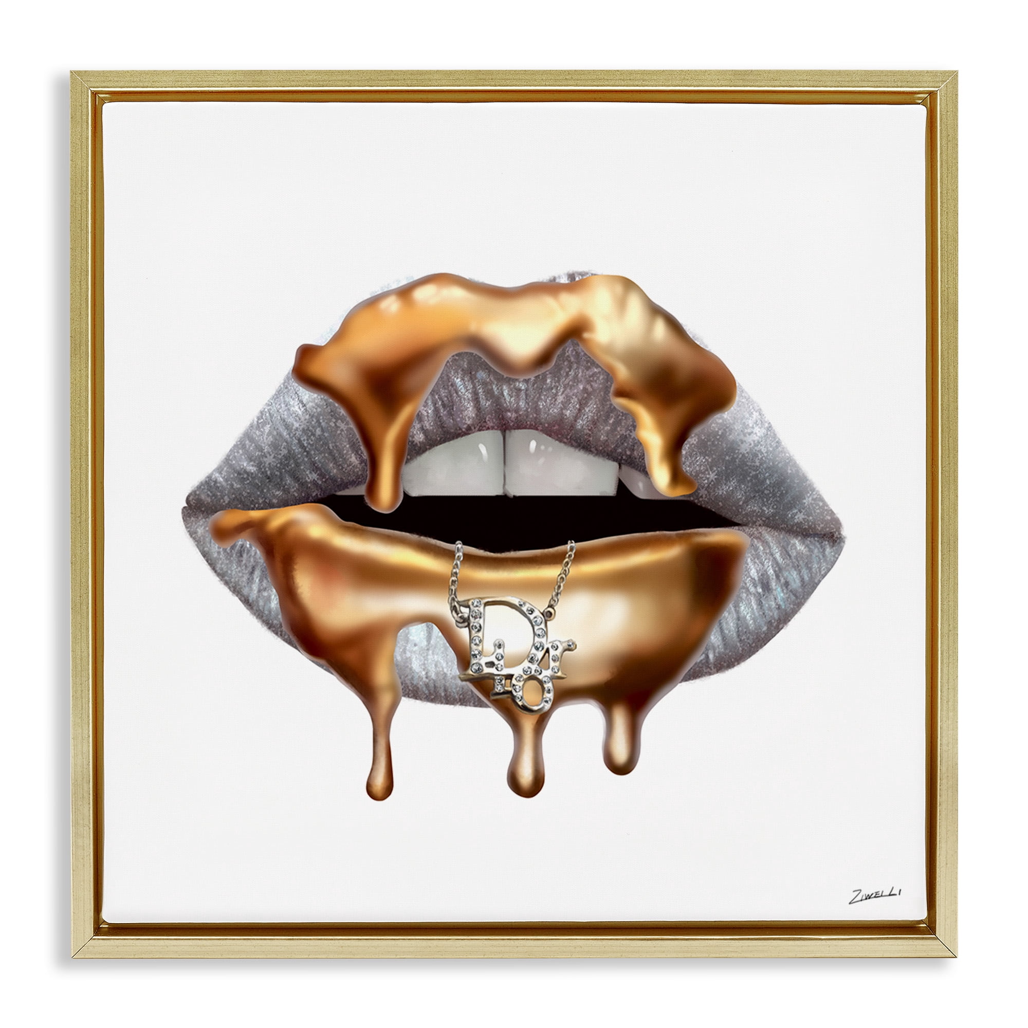 Stupell Industries Glam Silver Lip Gold Drip Beauty & Fashion Painting Gold Floater Framed Canvas Art Print Wall Art, 18 x 18