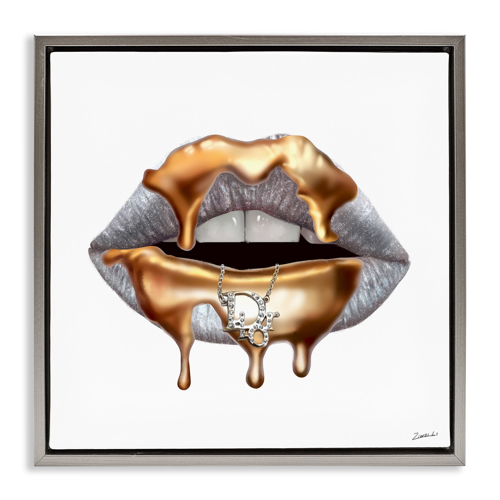 Stupell Industries Glam Silver Lip Gold Drip Beauty & Fashion Painting Gray Floater Framed Canvas Art Print Wall Art, 25 x 25