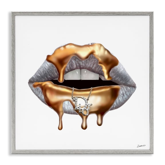 Stupell Industries Glam Silver Lip Gold Drip Beauty & Fashion Painting Gray Framed Art Print Wall Art, 17 x 17
