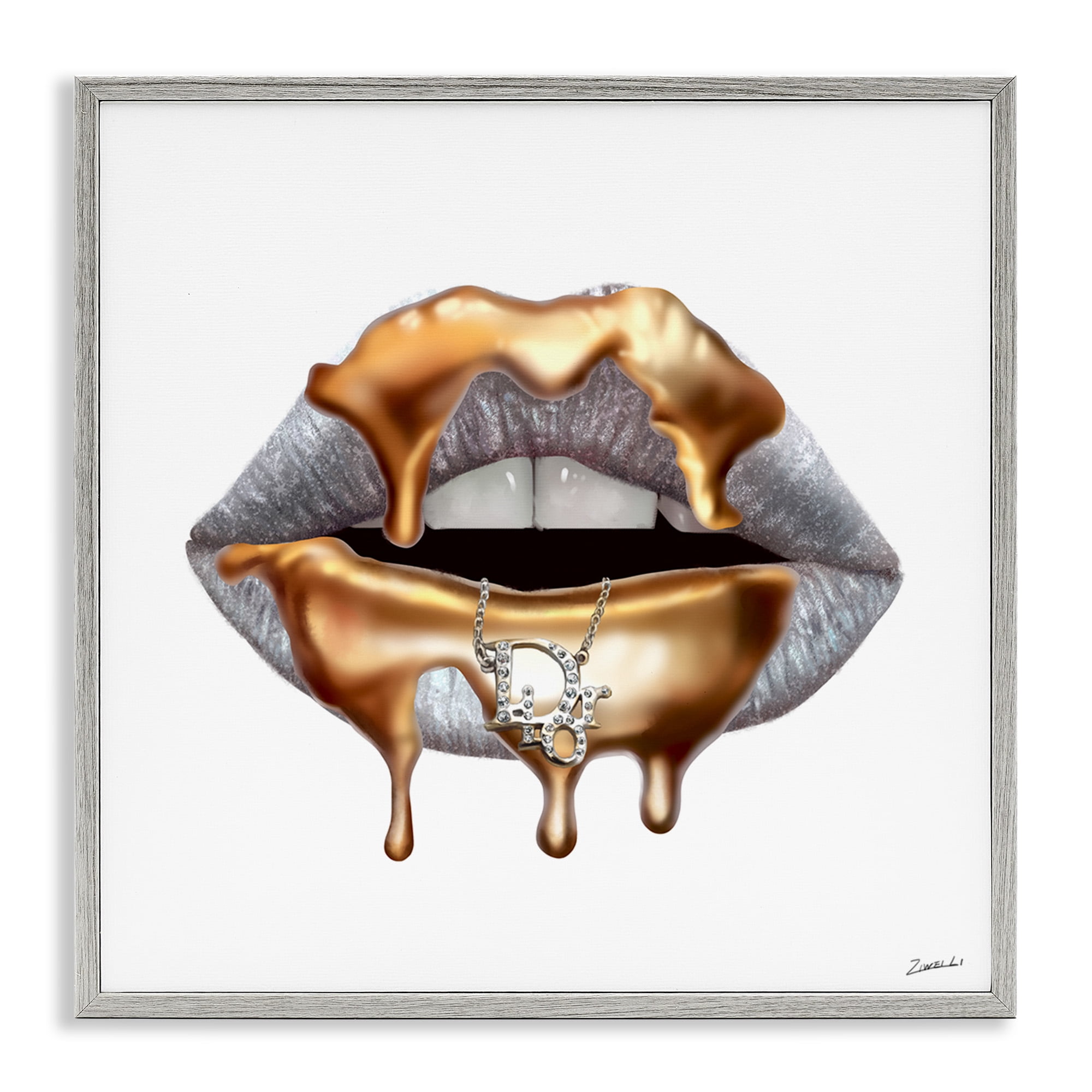 Stupell Industries Glam Silver Lip Gold Drip Beauty & Fashion Painting Gray Framed Art Print Wall Art, 24 x 24