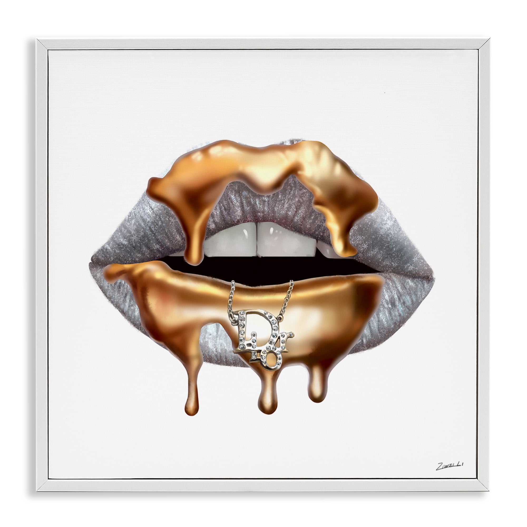 Stupell Industries Glam Silver Lip Gold Drip Beauty & Fashion Painting White Framed Art Print Wall Art, 24 x 24