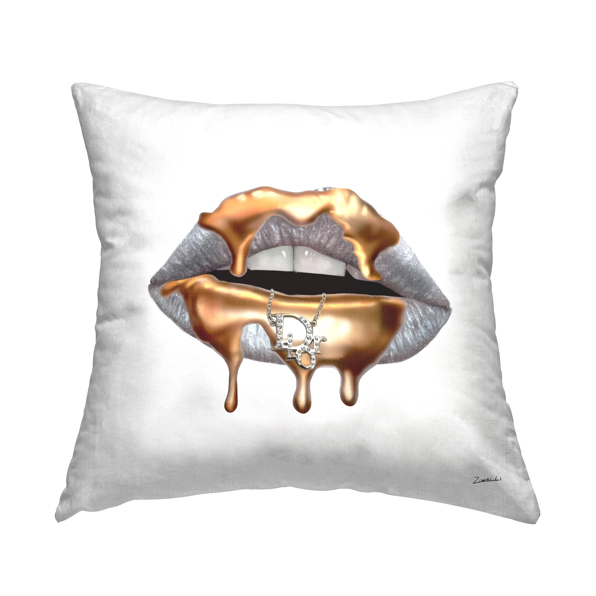 Stupell Industries Glam Silver Lip Portrait Fashion With Gold Drip Grey,18 x 7 x 18 Decorative Pillows