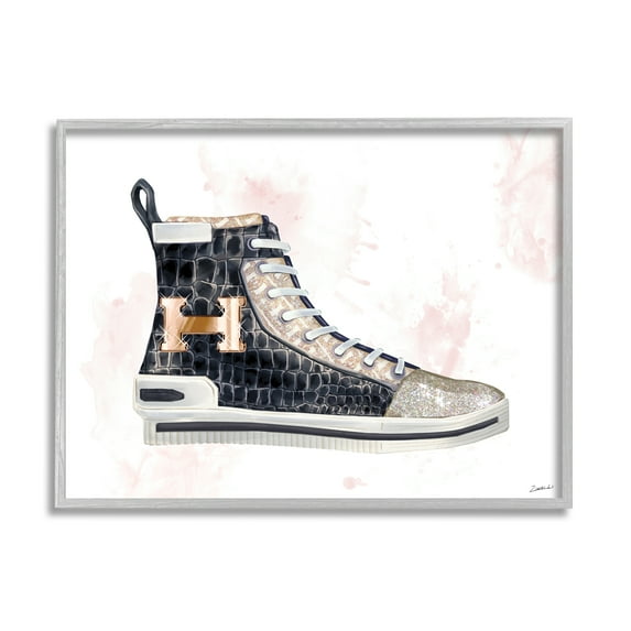 Stupell Industries Glam Snake Embossed Sneaker Illustration Fashion Forward Graphic Art Gray Framed Art Print Wall Art, 11x14, by Ziwei Li