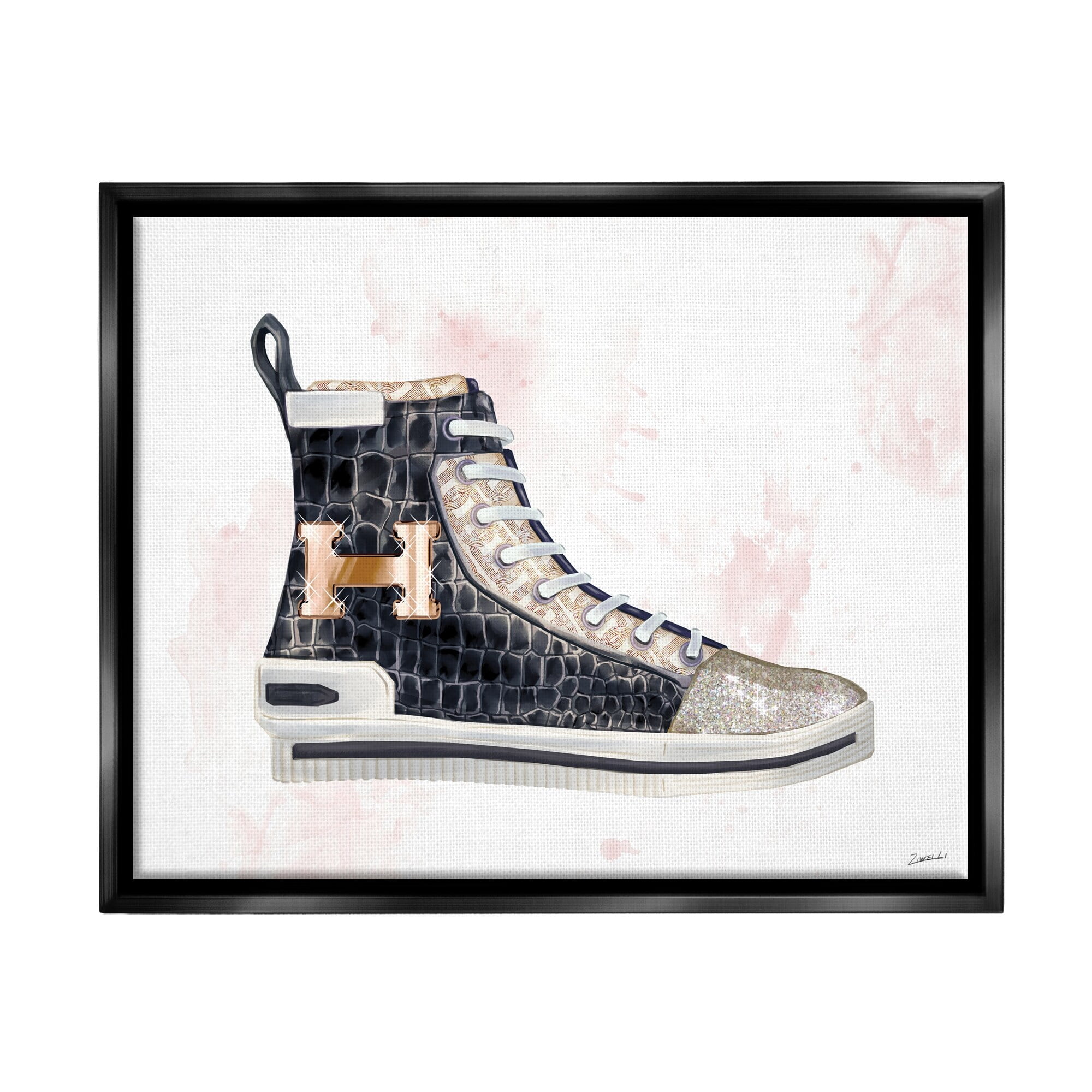 Stupell Industries Glam Snake Embossed Sneaker Illustration Fashion Forward Jet Black Framed Floating Canvas Wall Art, 16x20, by Ziwei Li