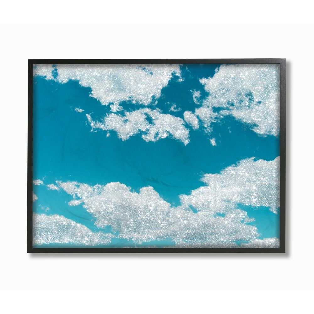 Glam Sparkle Clouds Blue Sky Canvas Print in Black Frame