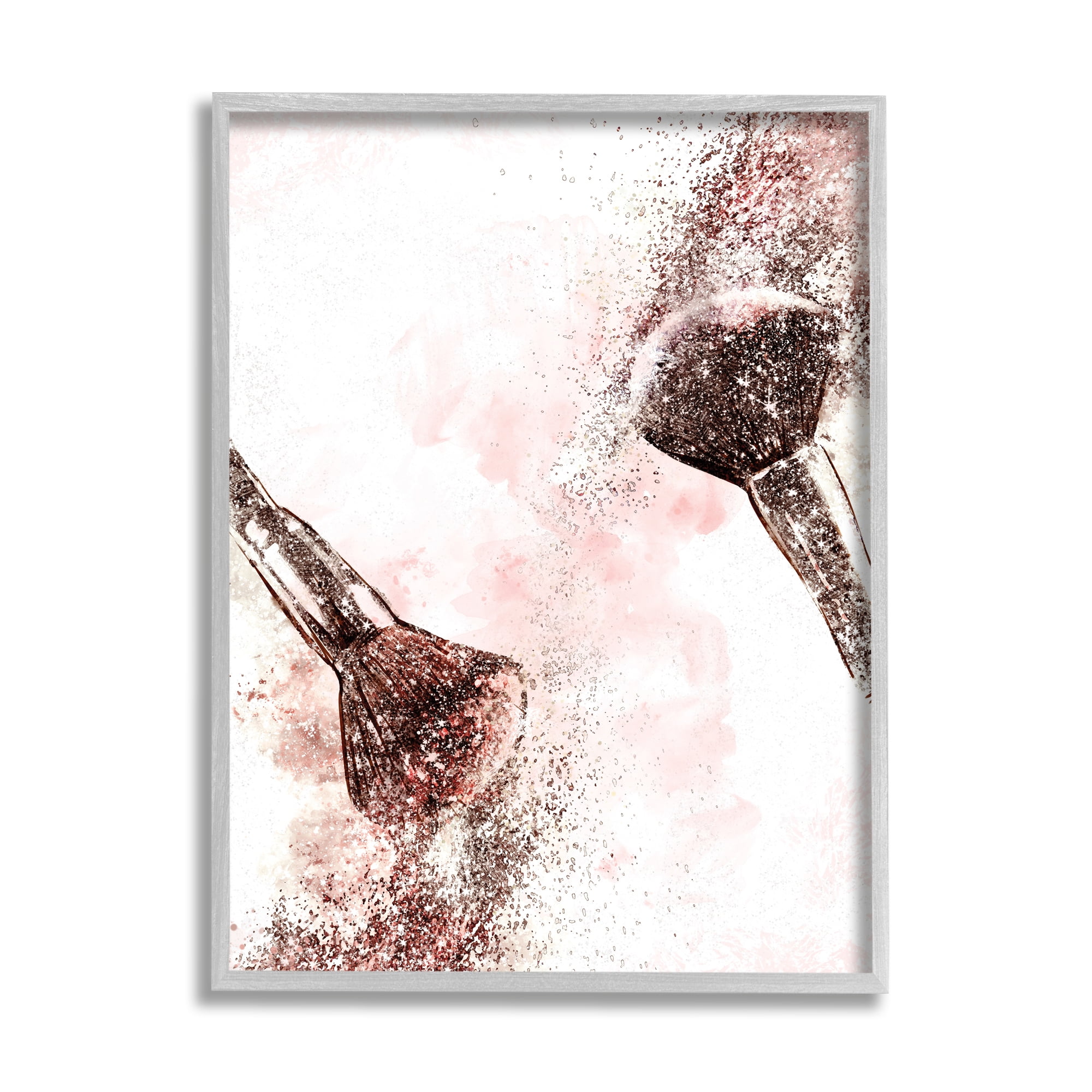 Stupell Industries Glam Sparkle Cosmetic Brushes Pink Red Fashion Beauty & Fashion Painting Gray Framed Art Print Wall Art, 11 x 14