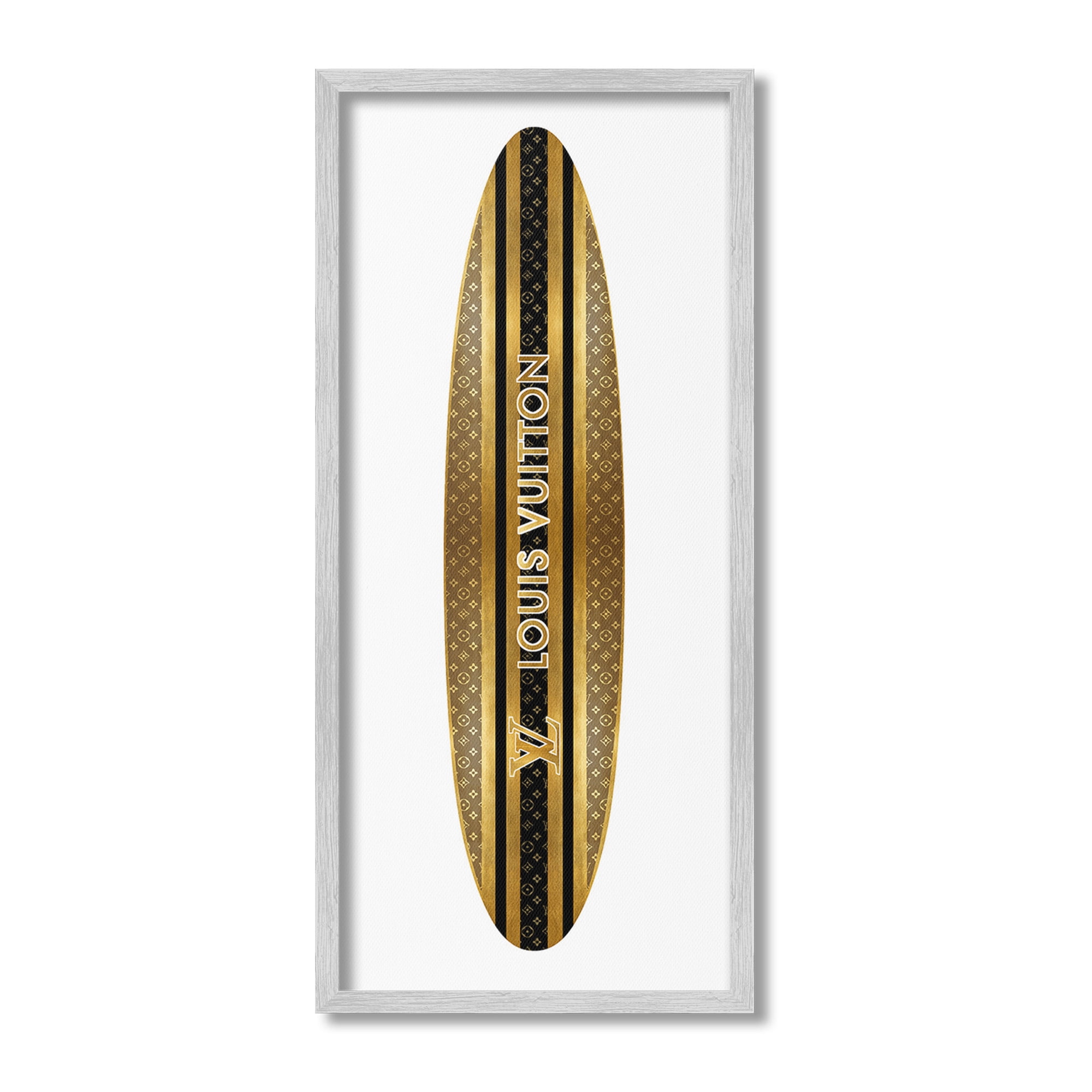 Stupell Industries Glam Striped Surfboard Nature Painting Gray Framed Art Print Wall Art, 10 x 24