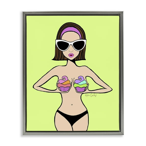 Stupell Industries Glam Summer Gal & Cupcakes People Painting Gray Floater Framed Canvas Art Print Wall Art, 17 x 21