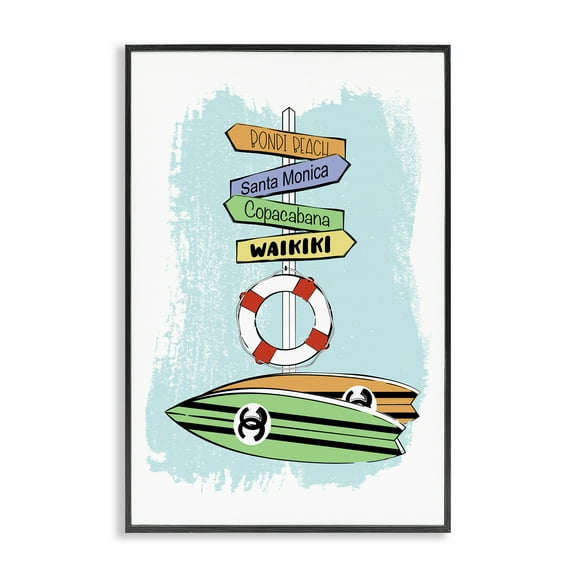 Stupell Industries Glam Surfboards & Sign Coastal Painting Black Framed Art Print Wall Art, 12 x 18