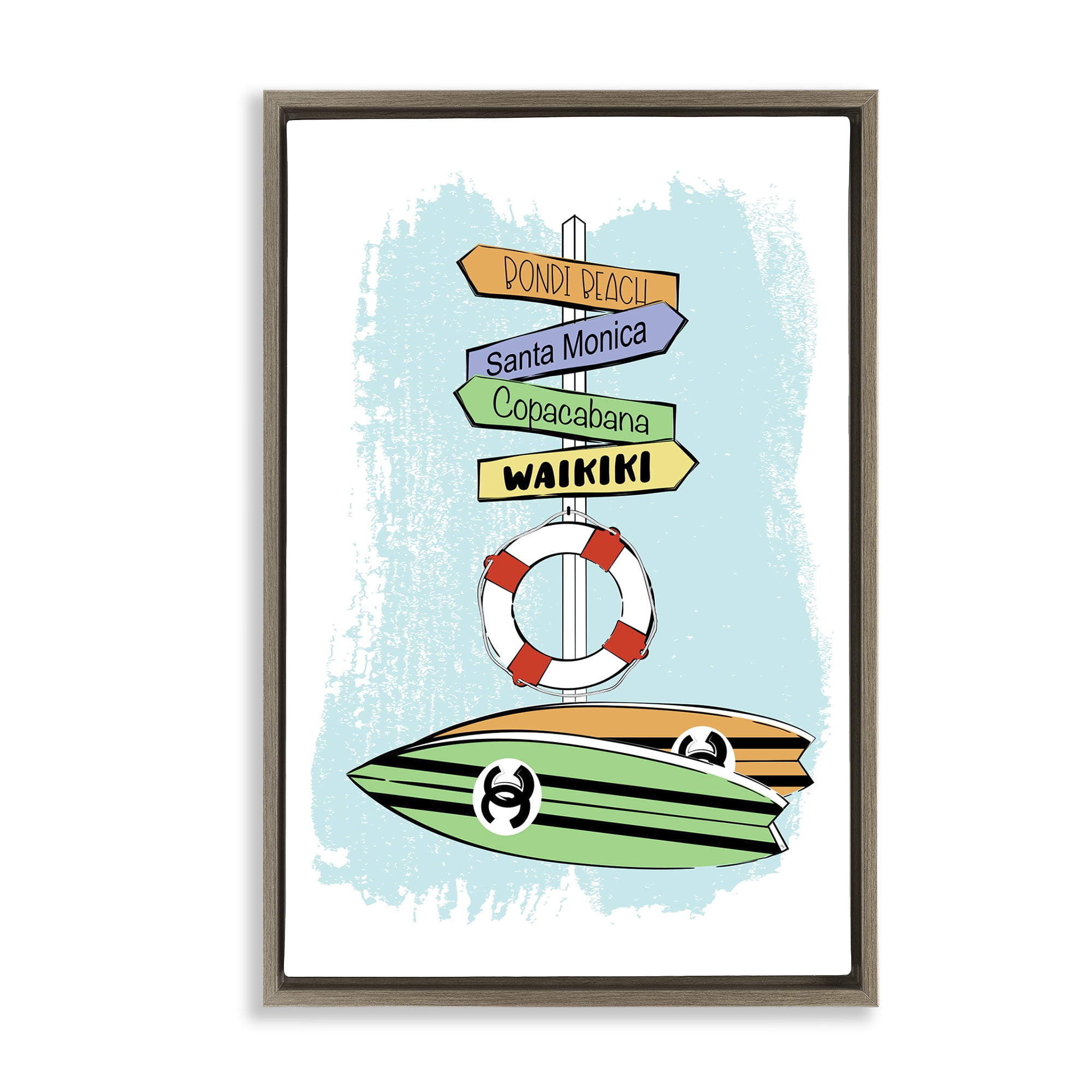 Stupell Industries Glam Surfboards & Sign Coastal Painting Brown Floater Framed Art Print Wall Art, 17 x 25