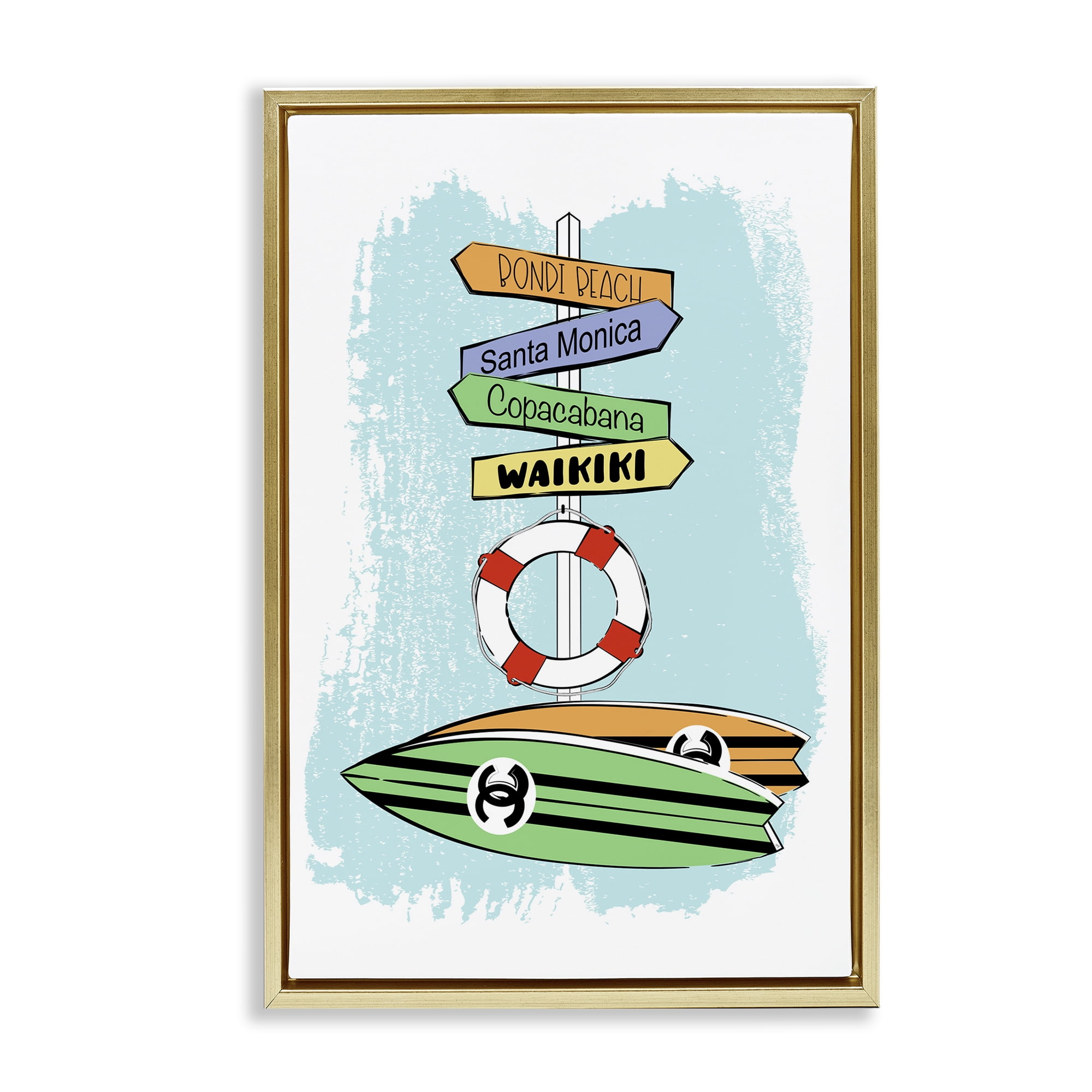Stupell Industries Glam Surfboards & Sign Coastal Painting Gold Floater Framed Art Print Wall Art, 21 x 31