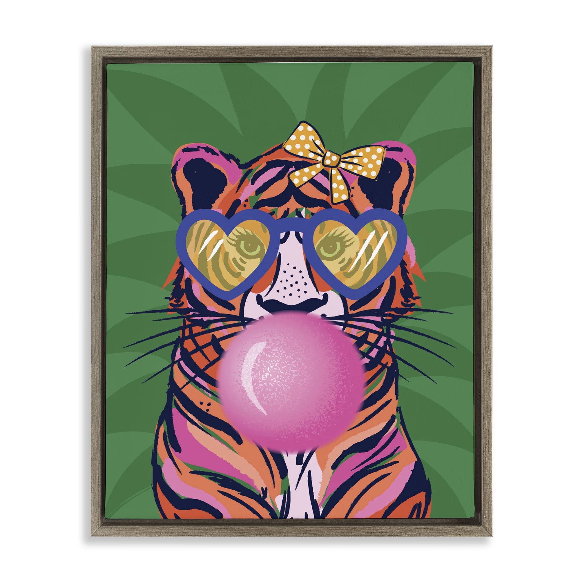 Stupell Industries Glam Tiger Bubble Gum Animals Painting Brown Floater Framed Canvas Art Print Wall Art, 25 x 31