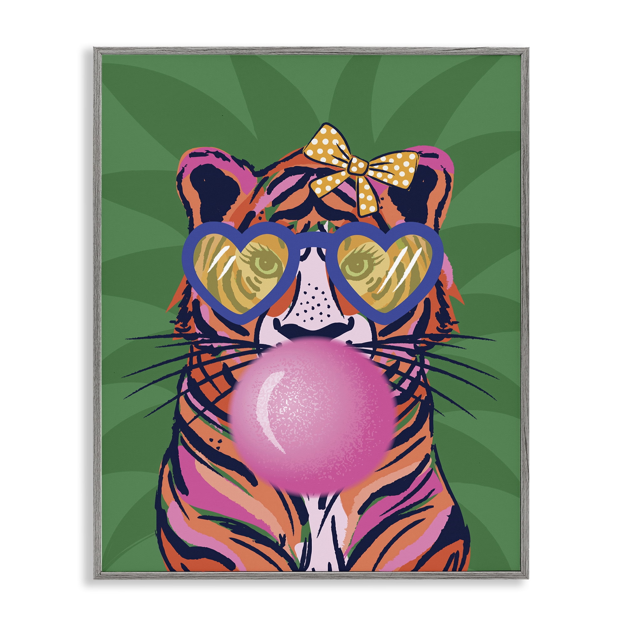 Stupell Industries Glam Tiger Bubble Gum Animals Painting Gray Framed Art Print Wall Art, 24 x 30