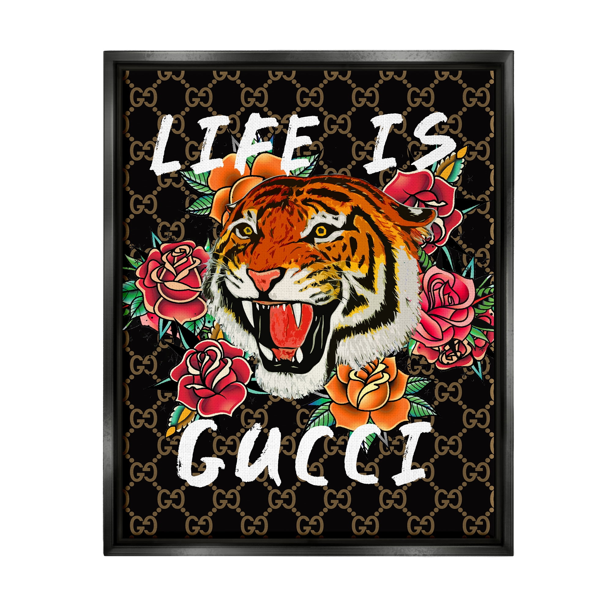 Stupell Industries Glam Tiger & Roses Animals & Insects Painting Black Floater Framed Art Print Wall Art, 25 x 31