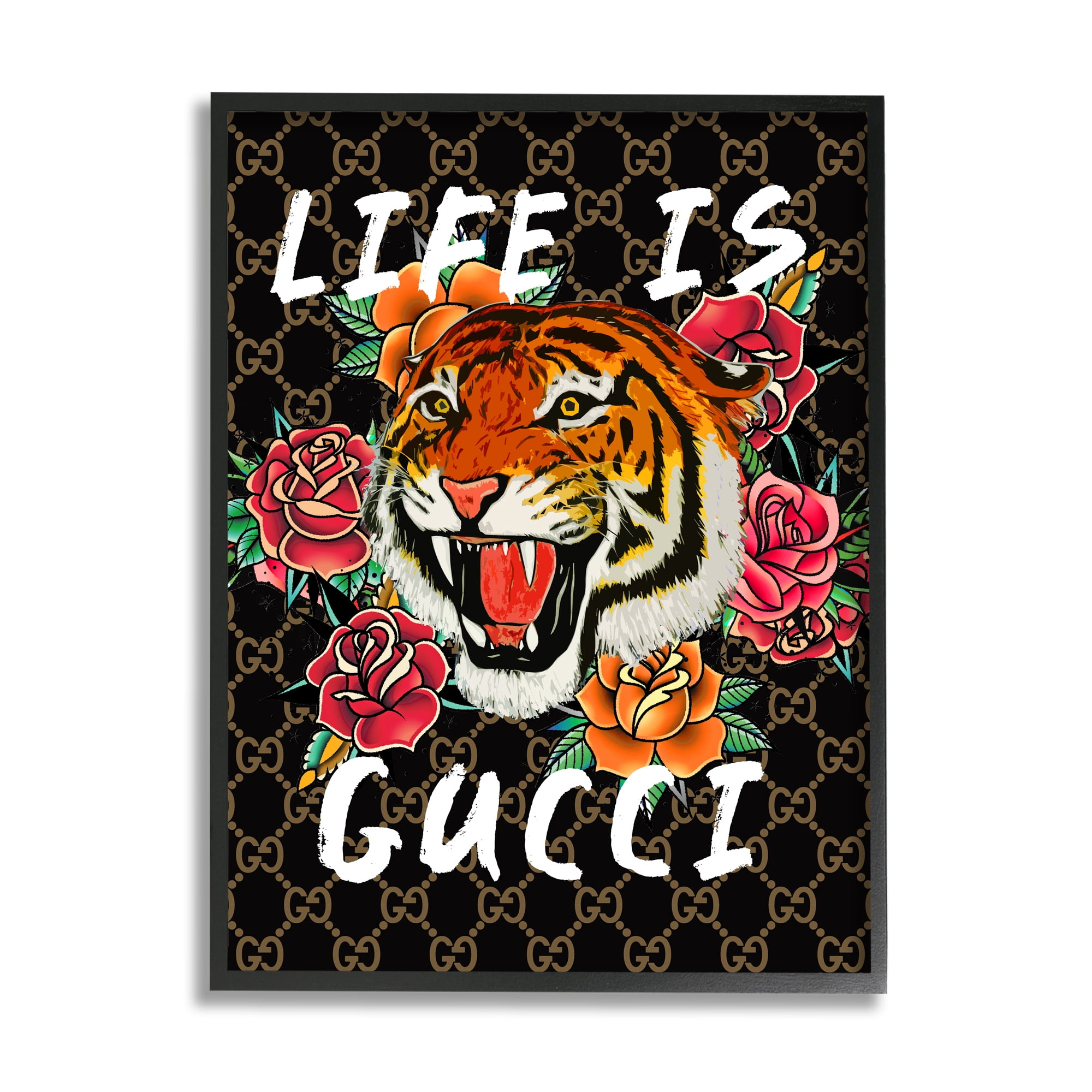 Stupell Industries Glam Tiger & Roses Animals & Insects Painting Black Framed Art Print Wall Art, 16 x 20