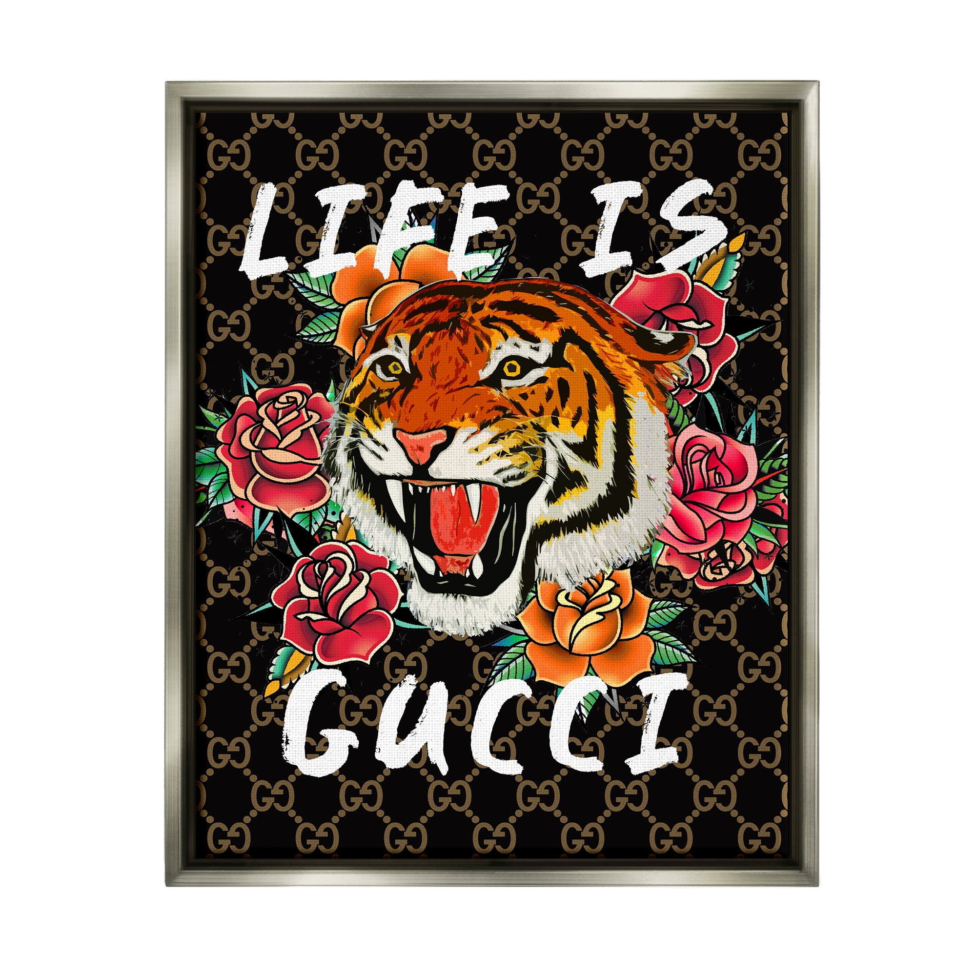 Stupell Industries Glam Tiger & Roses Animals & Insects Painting Gray Floater Framed Art Print Wall Art, 25 x 31