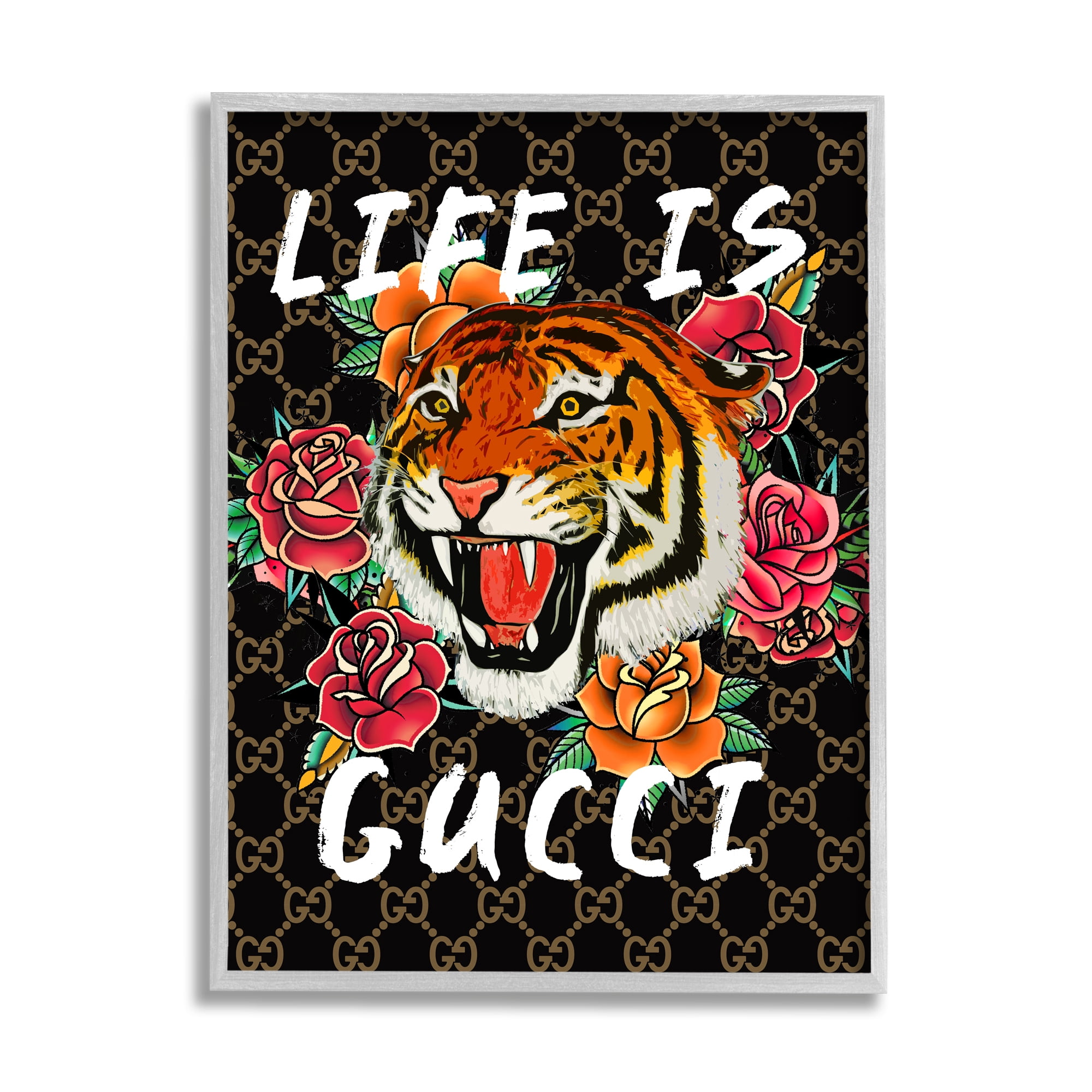 Stupell Industries Glam Tiger & Roses Animals & Insects Painting Gray Framed Art Print Wall Art, 11 x 14