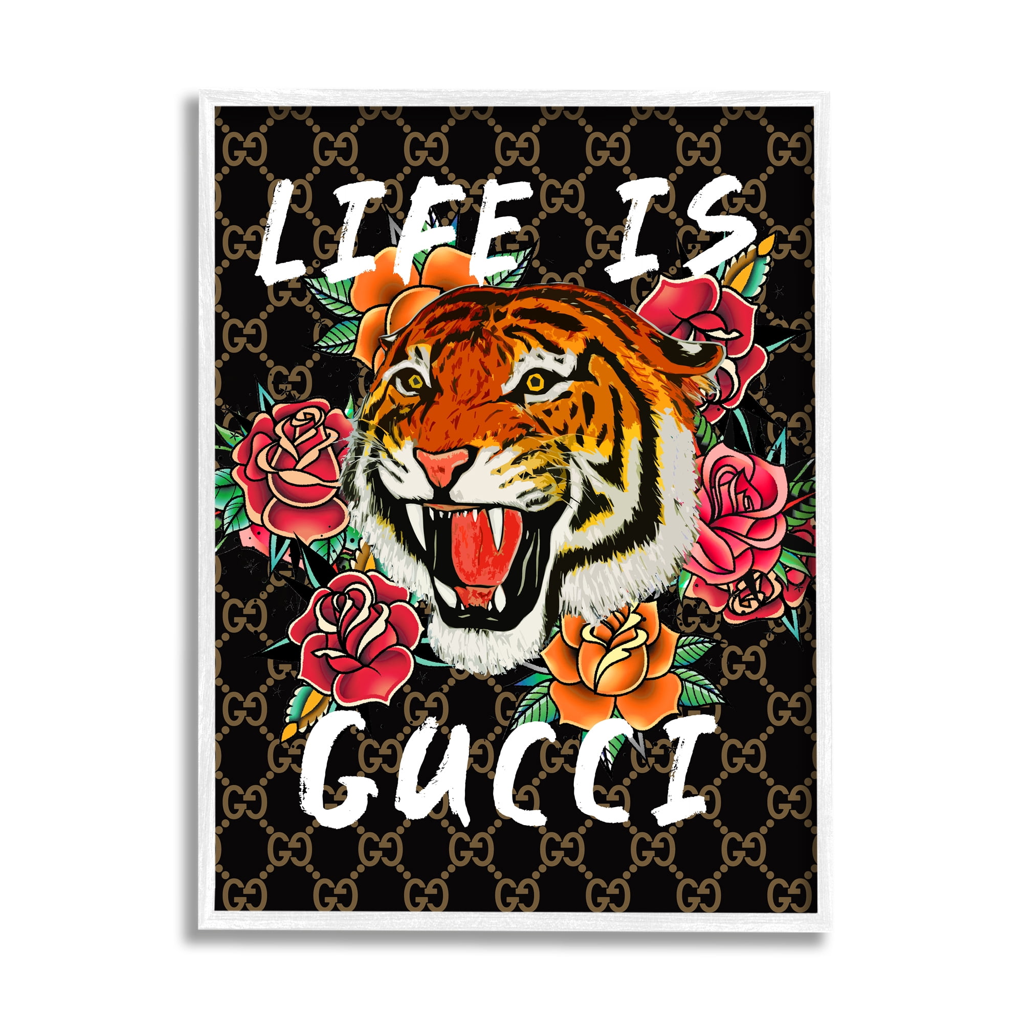 Stupell Industries Glam Tiger & Roses Animals & Insects Painting White Framed Art Print Wall Art, 24 x 30